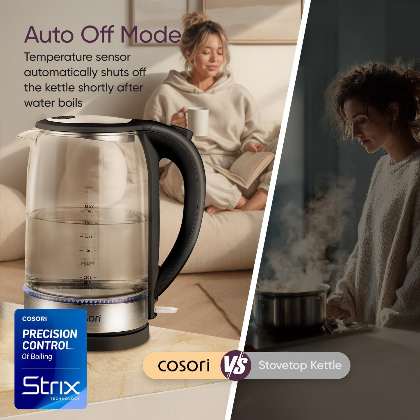 Cosori Electric Kettle, No Plastic Contact With Water, Wide Mouth For Easy Cleaning, Auto Shut Off, 1.7L Tea Kettle & Hot Water Boiler, Water Heater & Teapot, Borosilicate Glass, Black, 1500W
