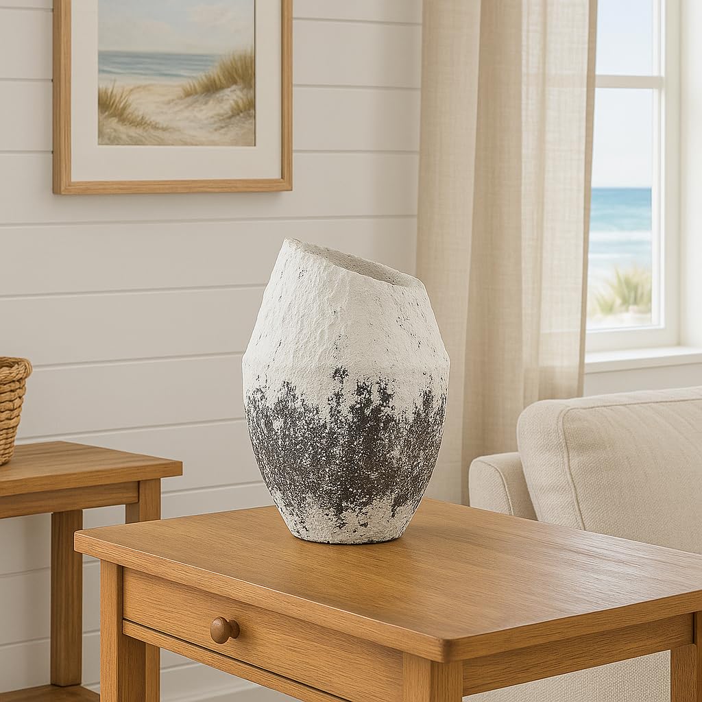 Handcrafted Textured Ceramic Vase – White & Black Asymmetrical Pottery with Rustic Matte Finish – Modern Decorative Accent for Shelves, Consoles, and Tabletops