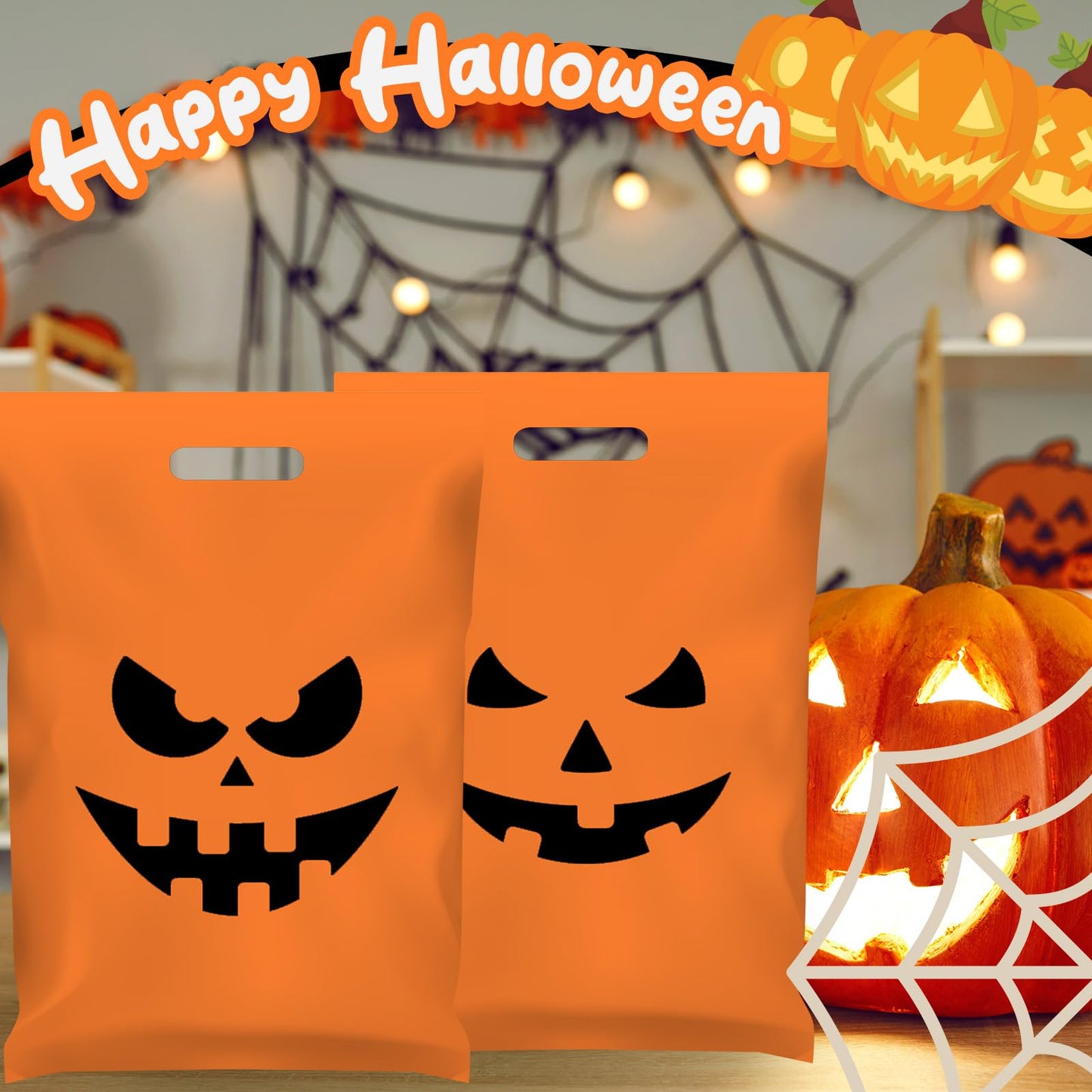 AmazingSpark 48 Pack Large Halloween Pumpkin Plastic Gift Bags with Handles 12 x 16'' Plastic Party Favor and Candy Treat or Trick Pouches for Halloween Party Supplies Gift Wrapping