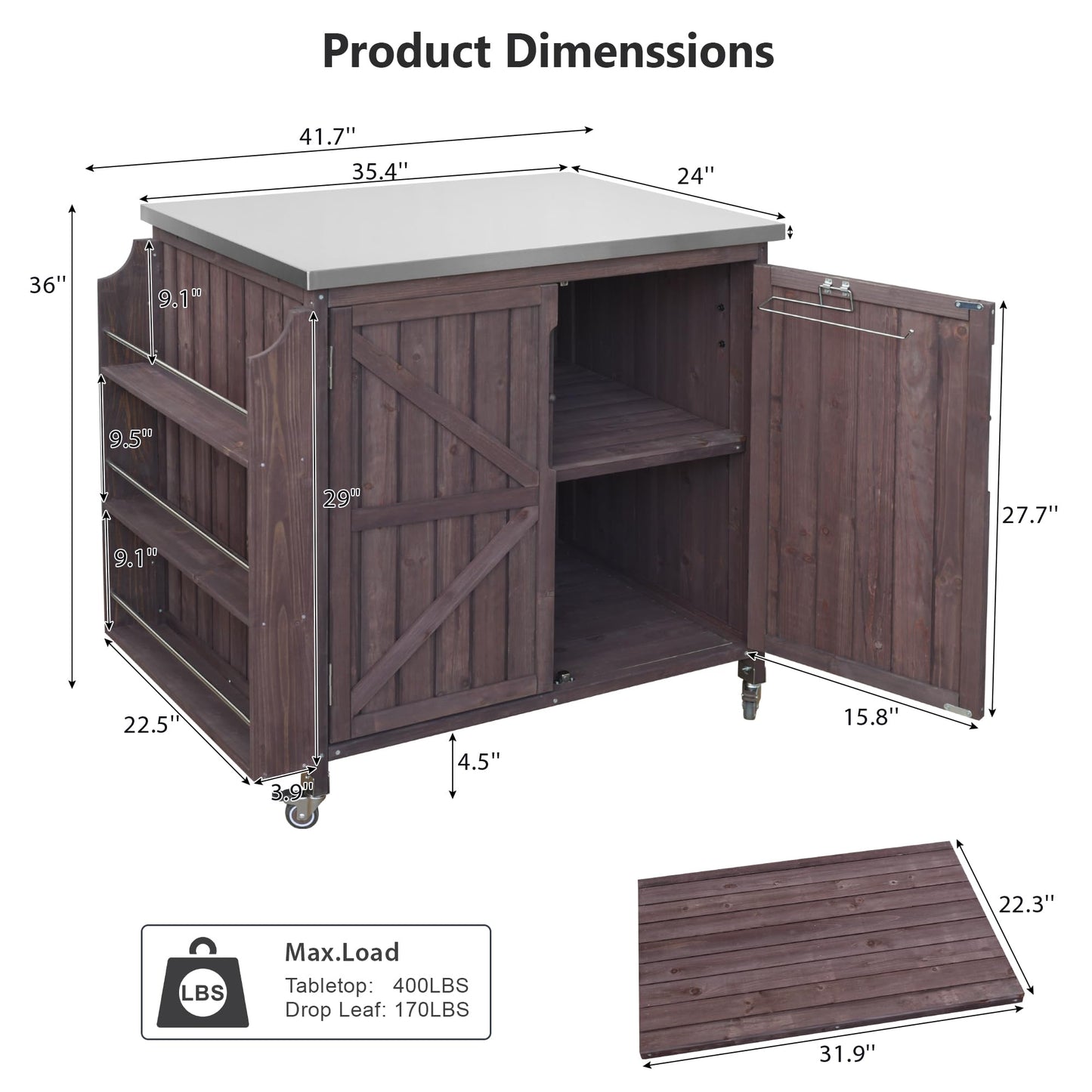 Merax Farmhouse 42." Grill Cart with Stainless Steel Top & Side Shelf, Outdoor Grill Station w/Adjustable Shelf & Lockable Wheels, Modular Kitchen Island for Food Prep & BBQ, Dark Brown