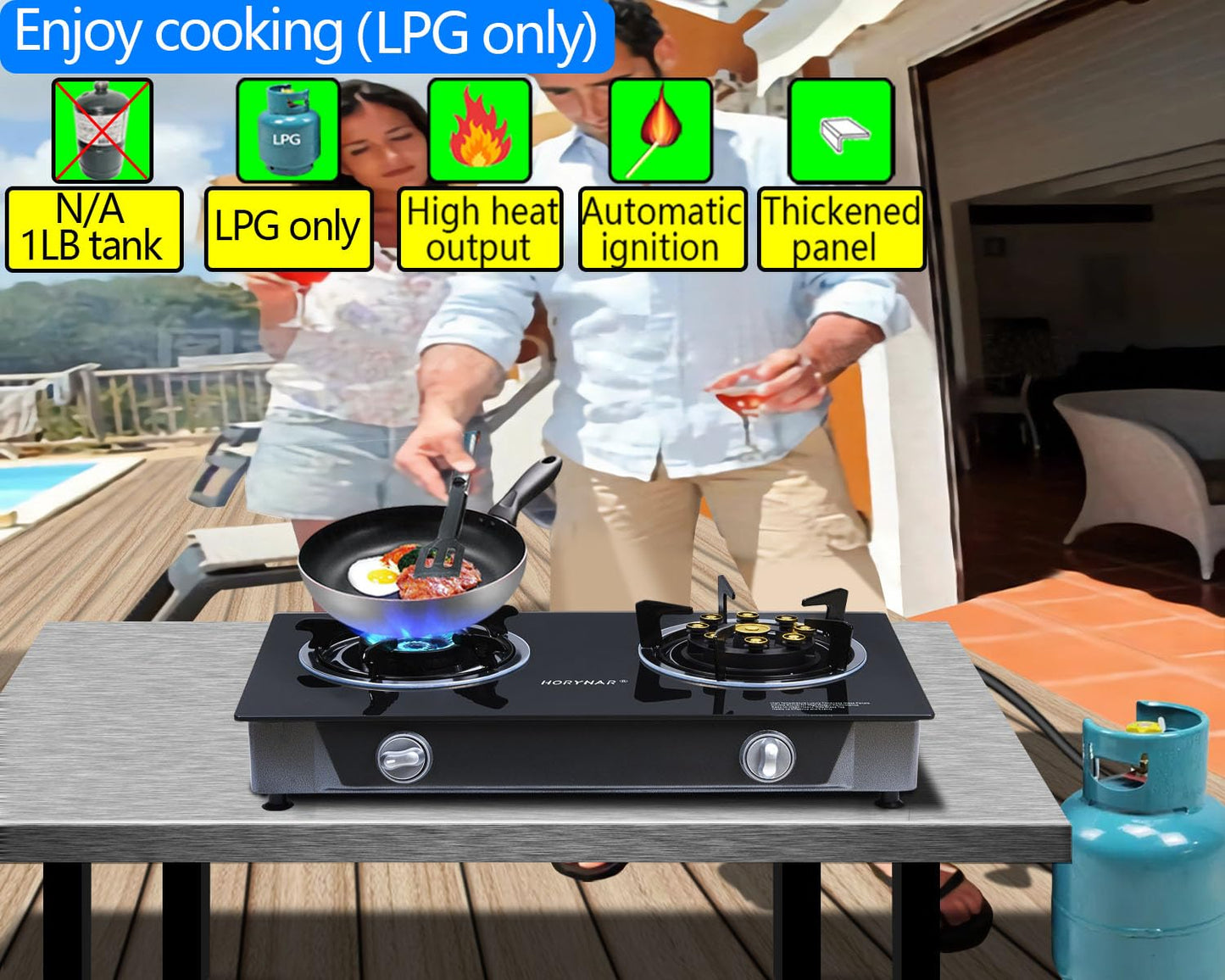 Horynar Propane Stove 2 Burner Gas Stove Novel 9 Copper Propane Burners Auto Ignition Tempered Glass with LPG CSA Hose for Outdoor Cooking,Emergency