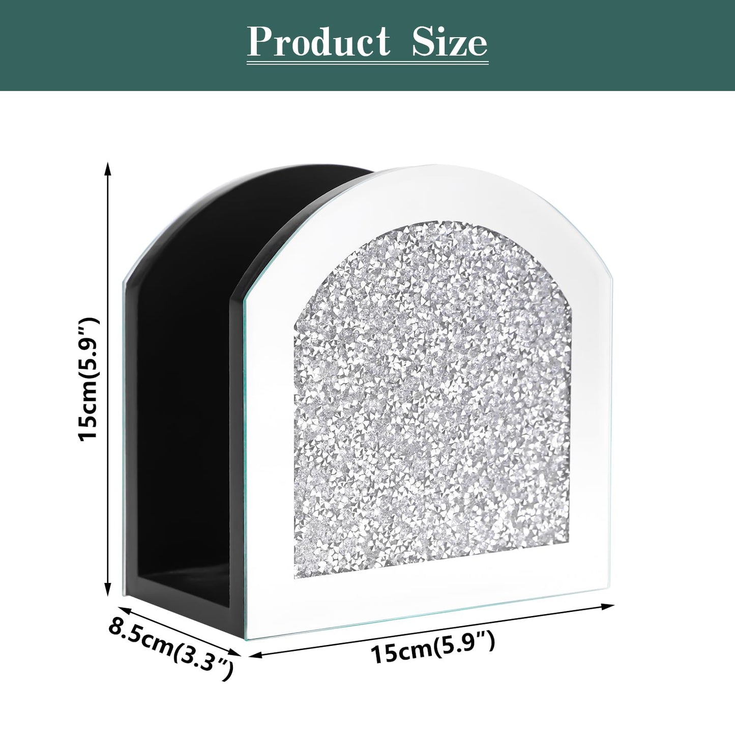 Poayewly Mirror Napkin Holder with Crushed Diamond, Bling Glass Silver Napkin Holder for Dining Table Kitchen Countertop and Home Décor