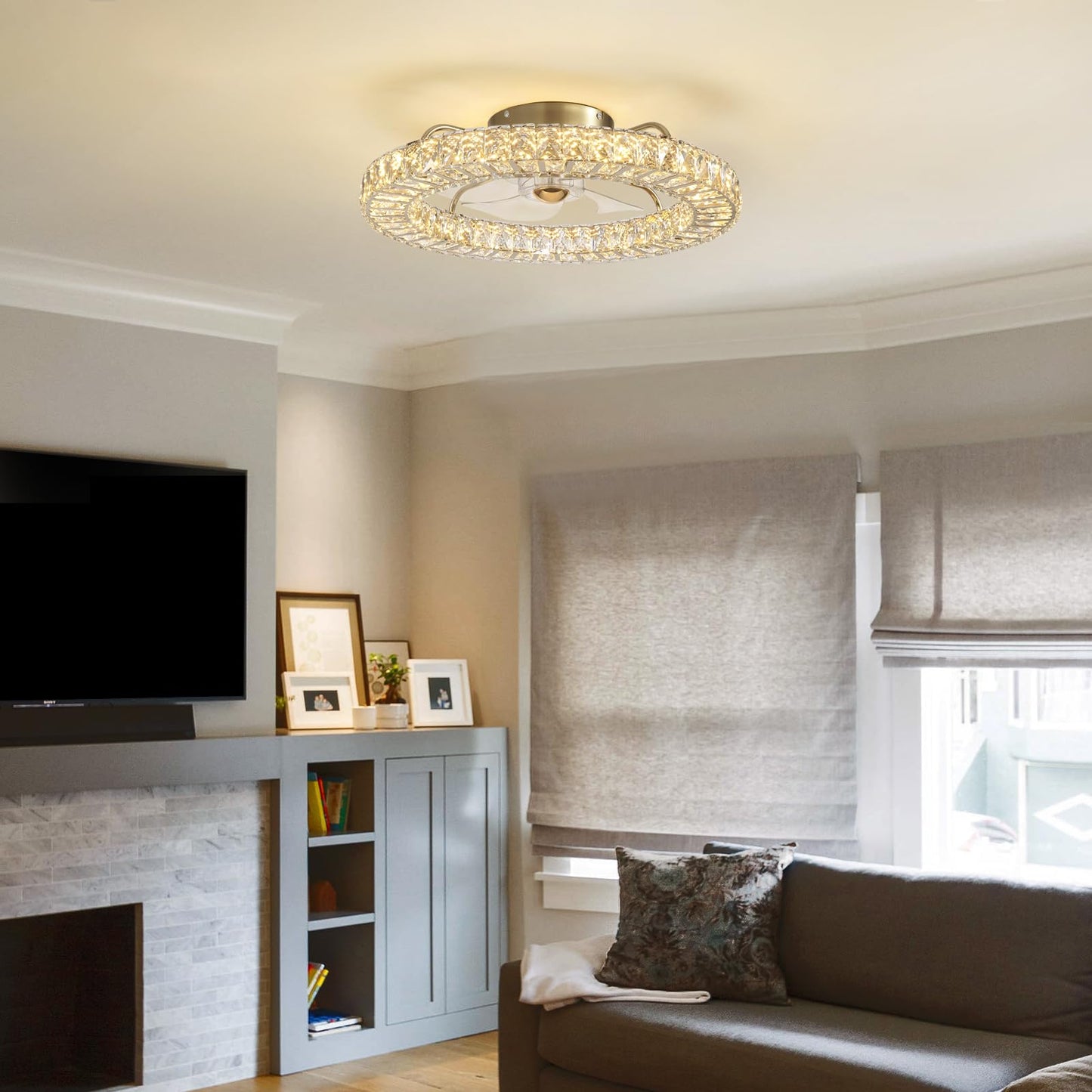 MOOONICHE 22" Low Profile Flush Mount Ceiling Fan, Ceiling Fan with Light and Remote, Dimmable Fandelier with Crystal Lampshade, Bladeless Enclosed Fan Light-Gold