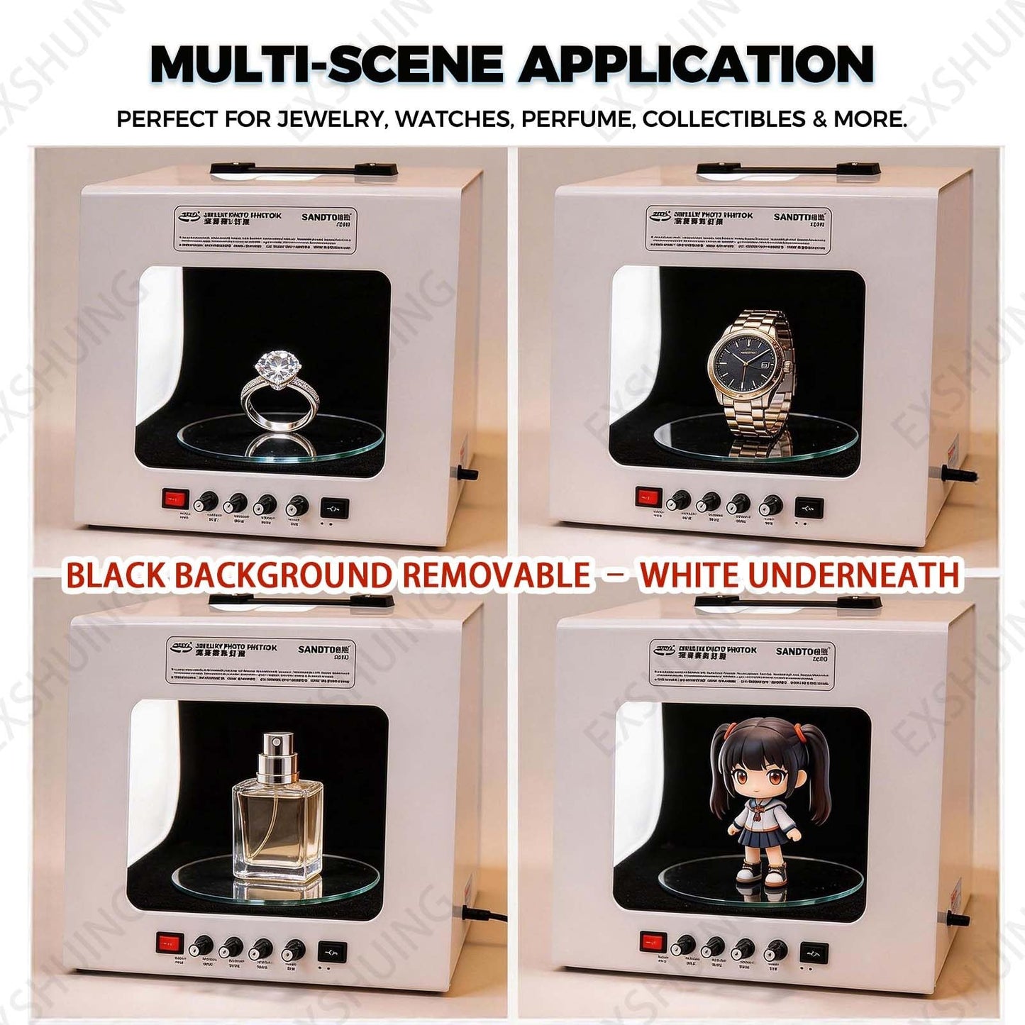 EXSHUING Jewelry Hanging Photography Kit, Product Photography Box – 360° Rotating & Hanging Support, 4 Led Fill Lights, Dimmable Brightness, 3000-5500k, 1kg/2.2lbs Turntable, Rings, Necklaces(TB30)
