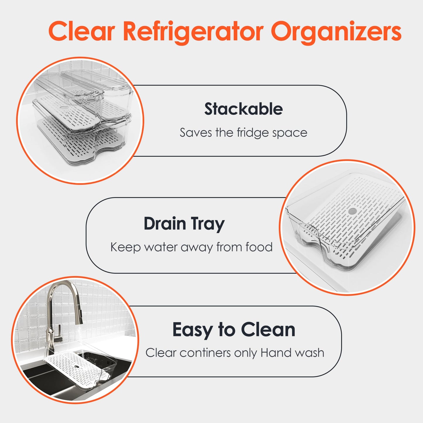 SMRCAD Fridge Organizers and Storage, 6 Pack Clear Freezer Organizer Bins with Lids for Kitchen, Pantry, Refrigerator, Food, Fruit, Vegetable Storage