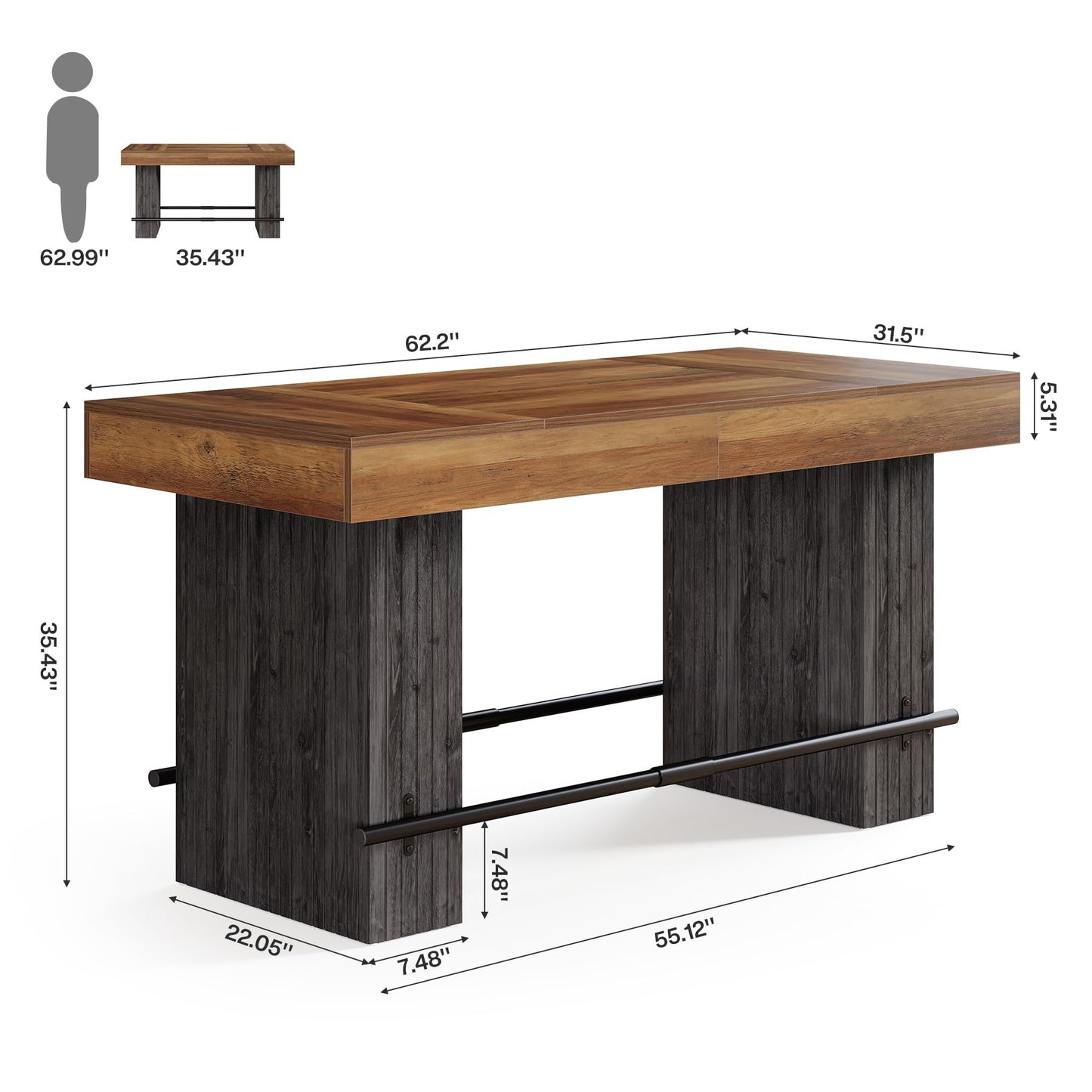 Tribesigns 62.2-Inch Dining Table for 4-6, Counter Height Dining Room Table with Footrest, High Top Kitchen Bar Table for Living Room, Kitchen, Pub