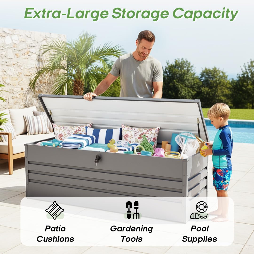 FammyLoft 260 Gallon Waterproof Outdoor Storage Box, Extra Large Outside Metal Deck Storage Box for Patio Cushions, Garden Tools, Pool Supplies, Light Gray