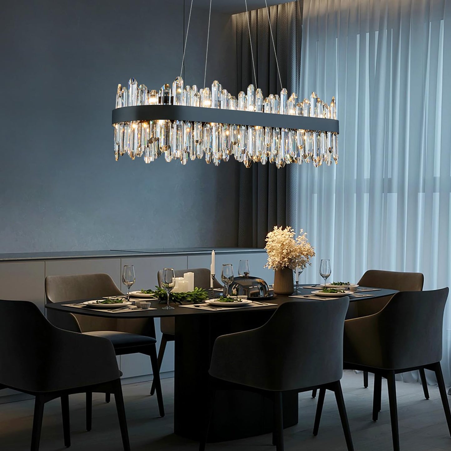 DUNFIZZ Modern Rectangular Crystal Chandelier, 20-Lights Black Raindrop Chandelier Lighting Contemporary Pendant Ceiling Light Fixture for Dining Room Living Room Kitchen Island L35.4''