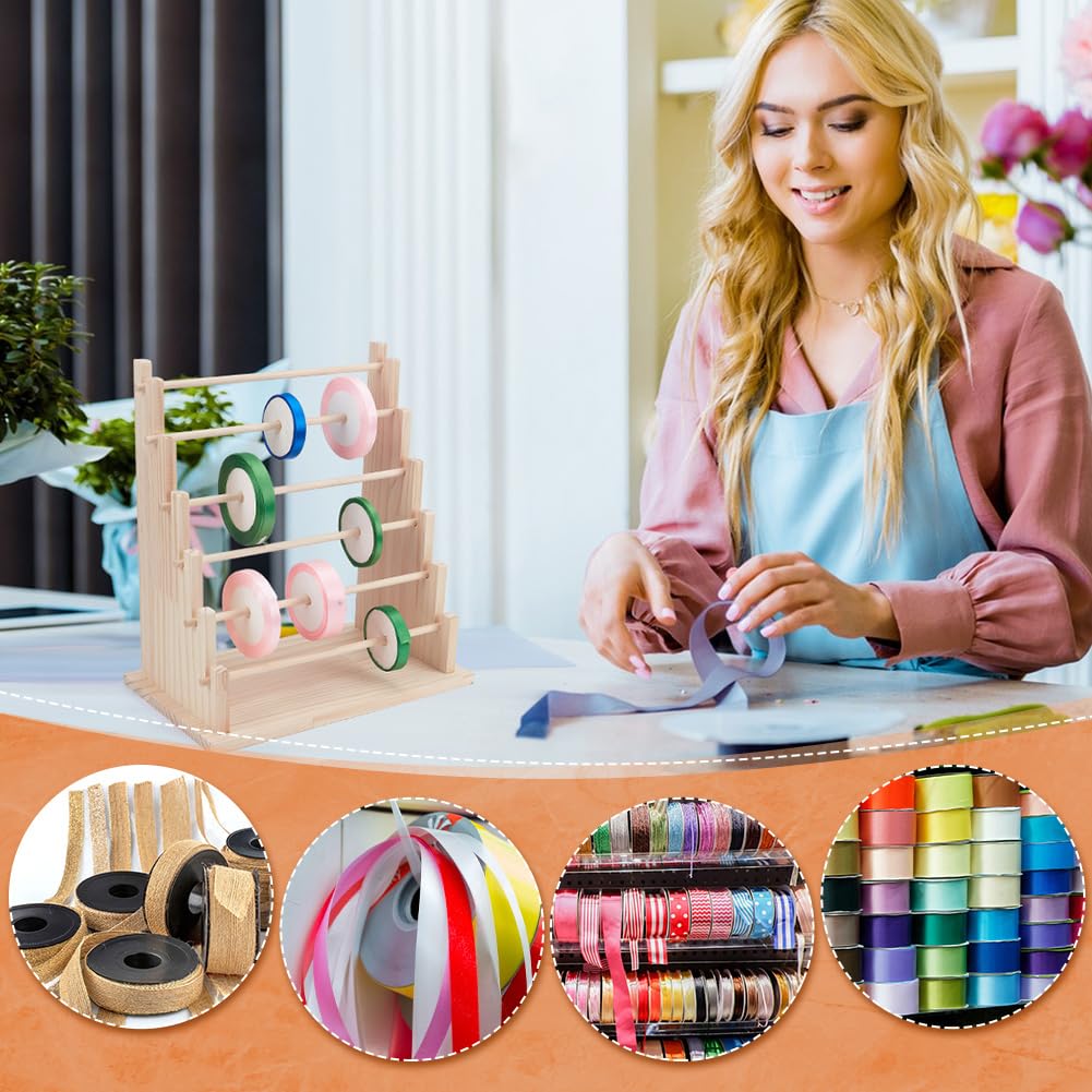 UNICRAFTALE 6-Tier Wooden Ribbons Organizer Rack Burlywood Ribbon Holder Storage Organizer Wooden Ribbons Sewing Organizer Display Shelf for Sewing Craft Gift Florist Wrapping