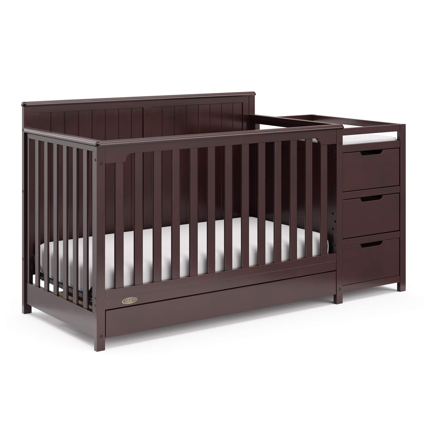 Graco Hadley 5-in-1 Convertible Crib & Changer – GREENGUARD Gold Certified, Fits Standard Crib Mattress, Converts to Toddler Bed and Full Bed, 4 Adjustable Mattress Heights (Espresso)