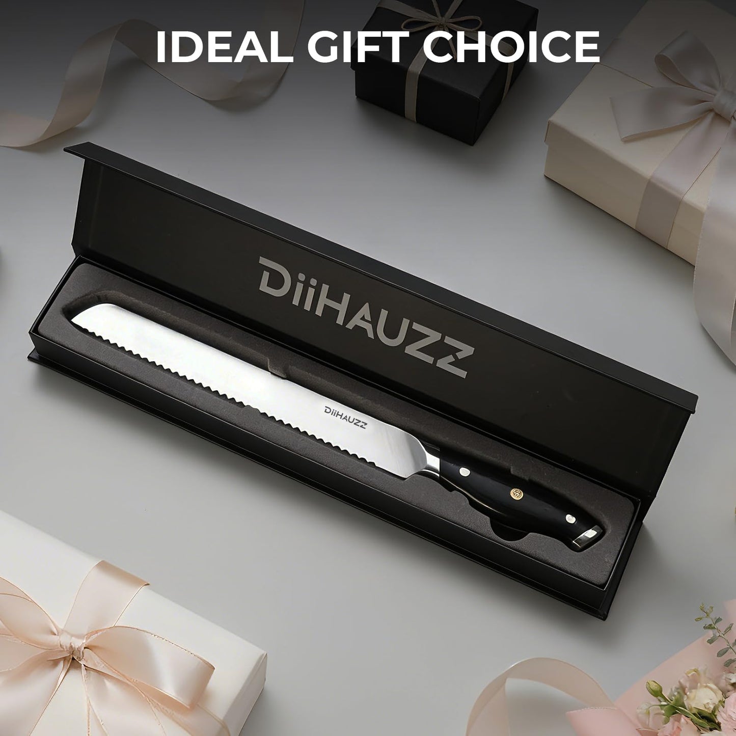 DiiHAUZZ Bread Knife, 10 Inch Serrated Knife for Slicing Homemade Bread, Razor Sharp High Carbon Steel, Professional Bakery Kitchen Knives with Full Tang Ergonomic Handle for Sourdough, Bagel, Cake