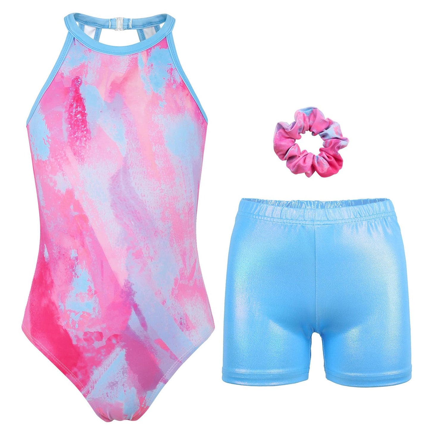 JOYSTREAM Gymnastics Leotards for Girls With Shorts Sparkly Ballet Dance Clasp Back Activewear Powderblue Tie-dye,6-7Years