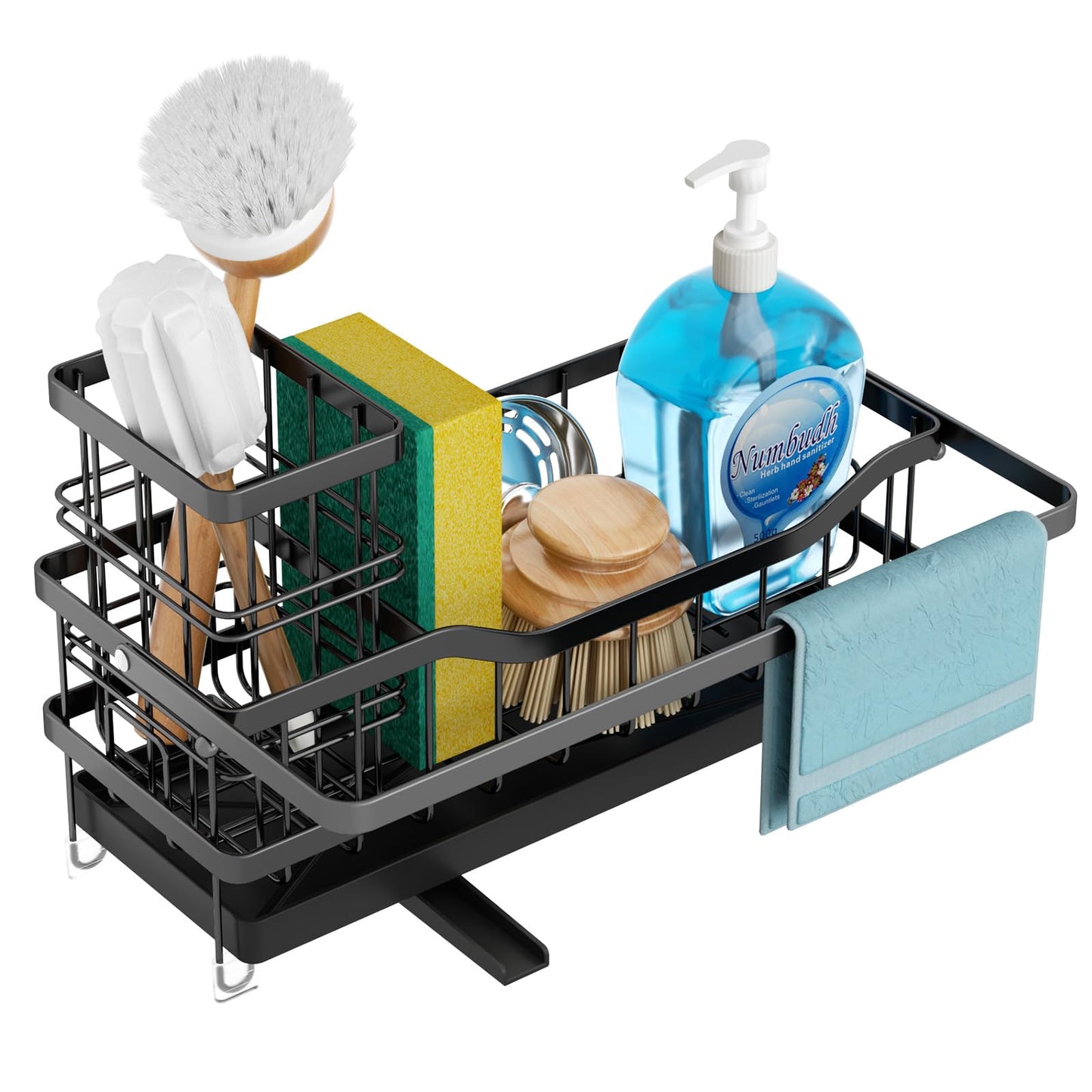 GUUKAR Sponge Holder for Kitchen Sink, Self-draining Sink Organizer with Towel Rack and Brush Holder, Metal Kitchen Sink Organizer for Countertop, Black