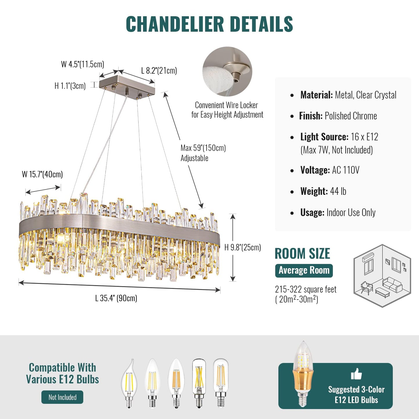 Siljoy Modern Crystal Chandelier, Luxury Rectangular 2-Tiers K9 Crystal Raindrop Chandelier, 16-Light Adjustable Hanging Crystal Ceiling Light for Dining Room Living Room Kitchen L35.4''