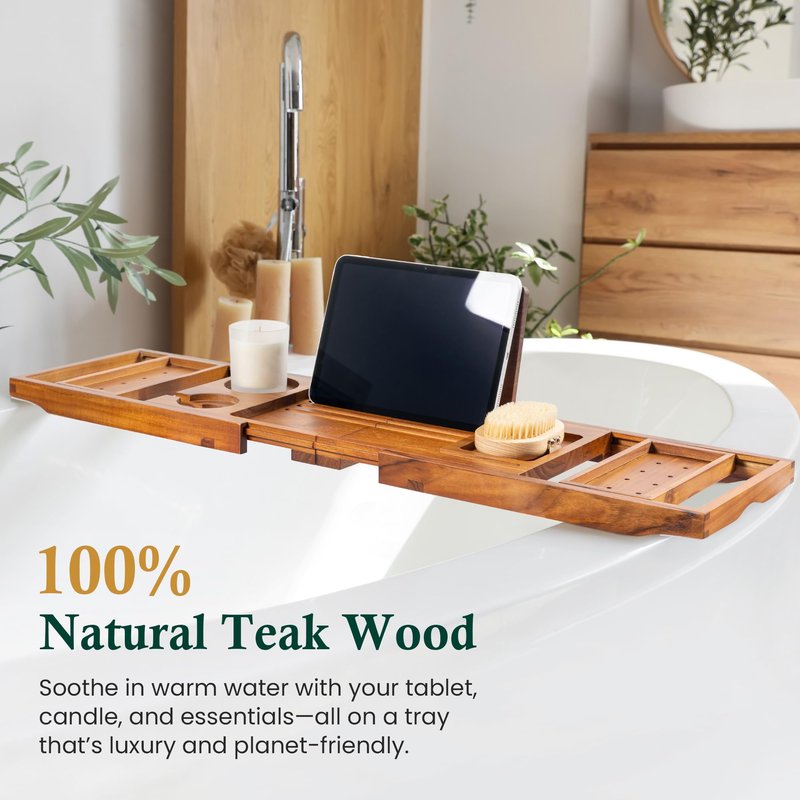 Realgulf Teak Bathtub Tray, Bath Caddy with Wine Glass Holder, Phone Dock & Book Stand | Hands-Free Reading & Ultimate Spa Relaxation Experience-Natural