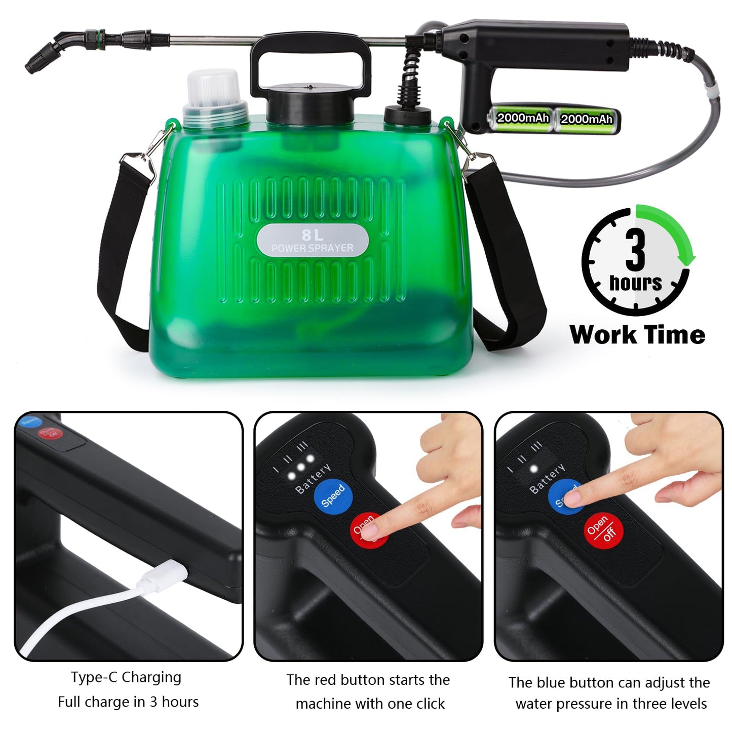Ramarmro Battery Powered Sprayer 2 Gallon, Electric Sprayer with 4 Mist Nozzles, USB Rechargeable Handle, 32in telescopic Wand, Garden Sprayer with Adjustable Shoulder Strap for Lawn, Garden, Cleaning