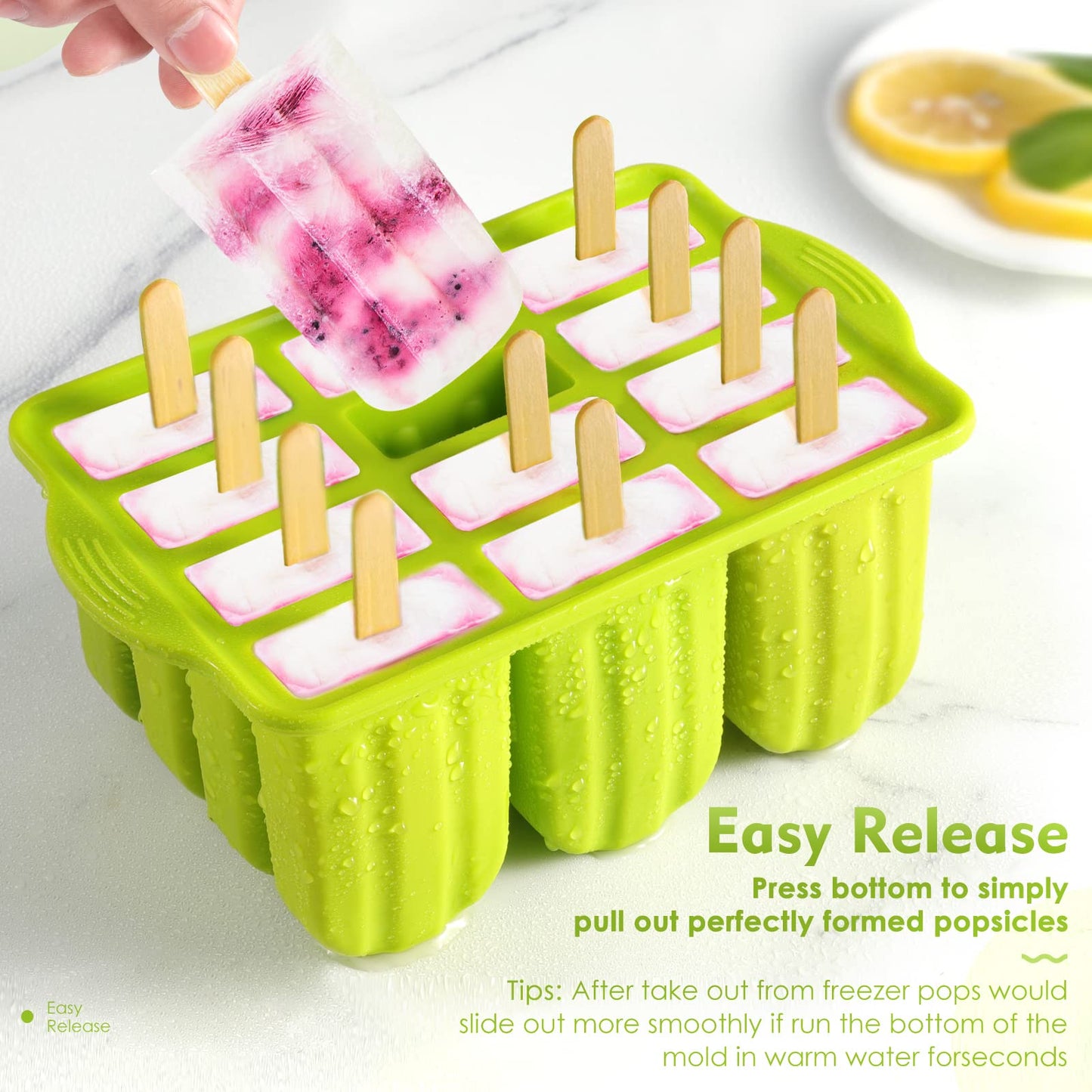 Popsicle Molds Silicone BPA-free,12 Pieces Popsicle Trays for Freezer,Homemade Ice Cream Popsicle Molds,Large Ice Pop Maker Set,Moldes Para Paletas,Ice Lolly Moulds with 100PCS Popsicle Sticks(Green)