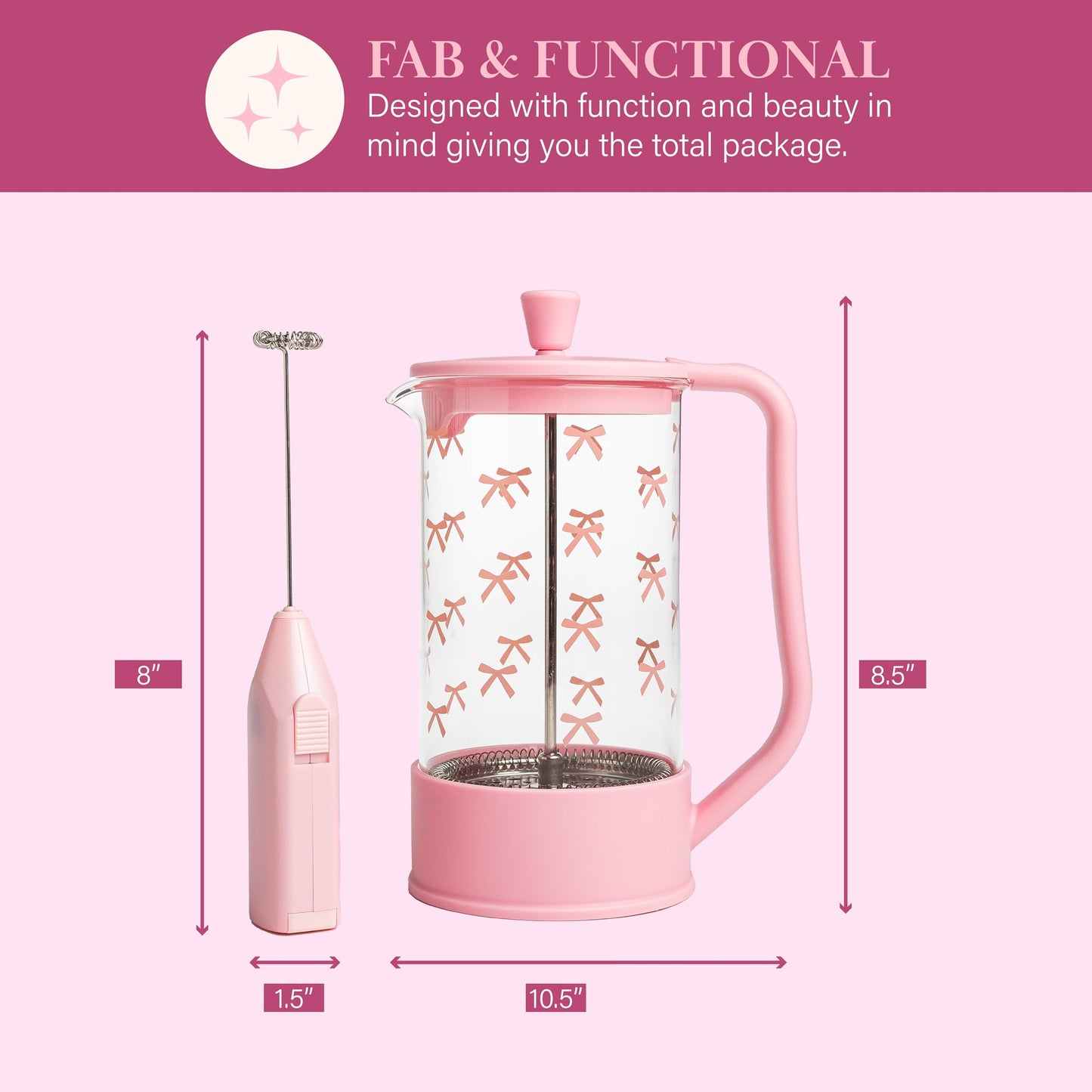 Paris Hilton Bow Design French Press and Frother Coffee Gift Set, Includes a 8-Cup Coffee Press and Battery Operated Handheld Milk Frother, 2-Piece Set, Pink