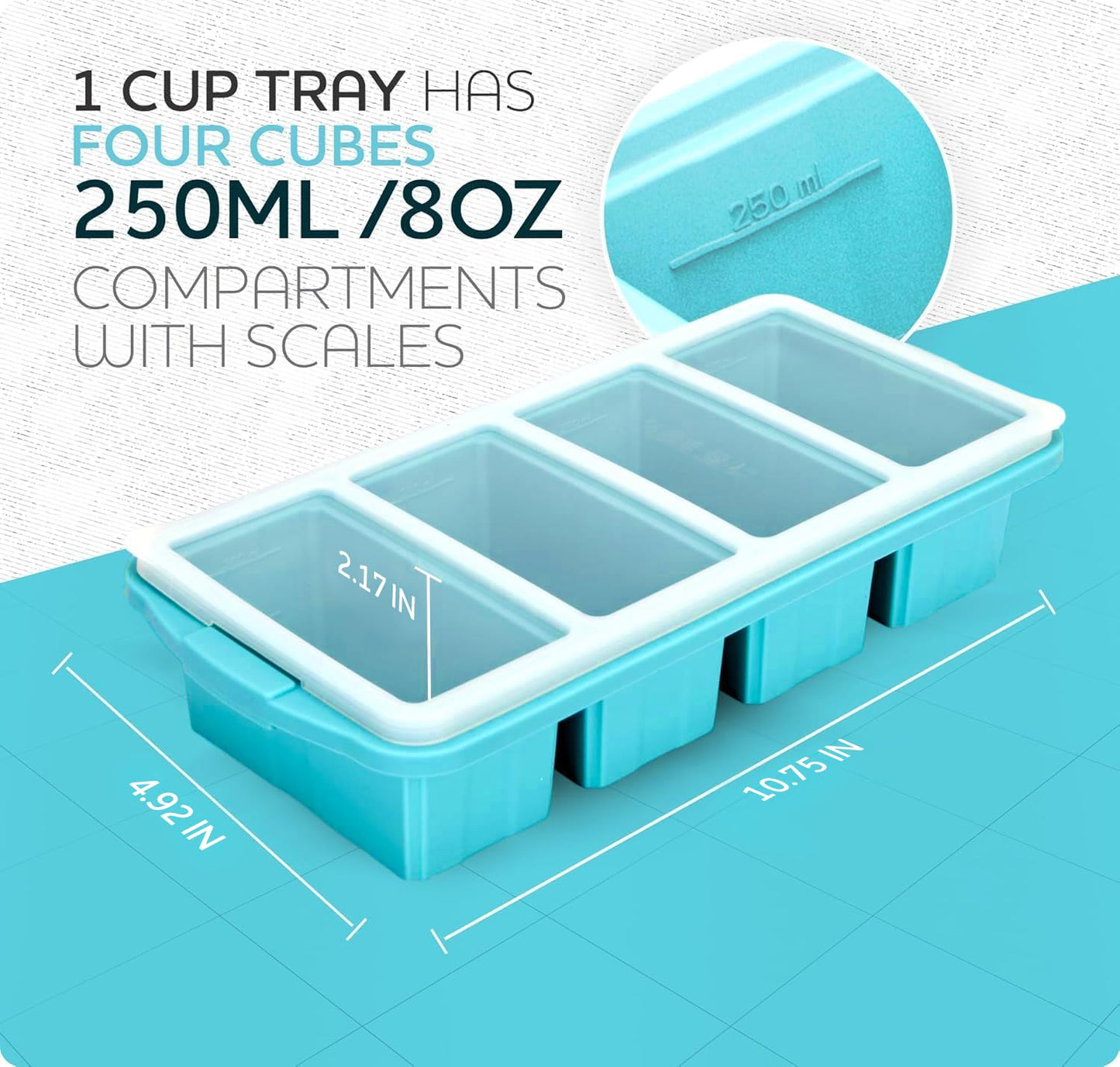 XOMOO Silicone Freezer Tray With Lid - Soup Freezer Container molds - Large Ice Cube Tray- makes 8 perfect 1 cup portions cubes, 2-Pack Freezer Storage Food Soups & Meal Prep - Oven & Dishwasher -Safe