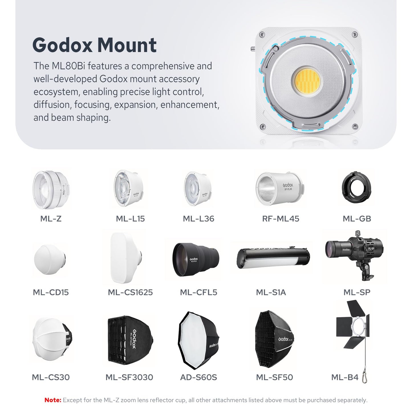 Godox ML80Bi COB Video Light w/95Wh Detachable Battery, Brighter Bi-Color Led Video Light 29600lux@5600K 1m, CRI 96, 2800K-6500K,11FX, Dimming 0%~100%, Portable Continuous Output Lighting Photography