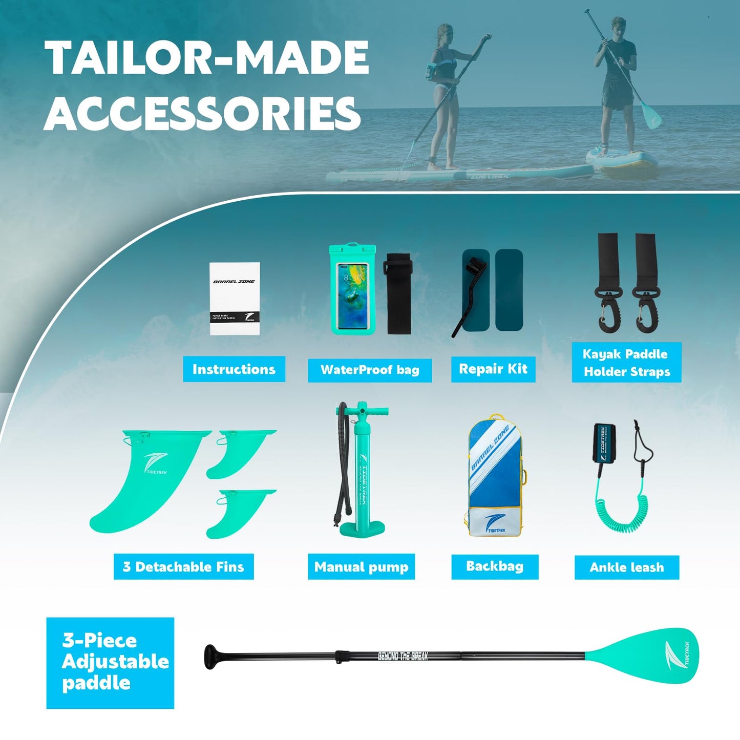 TIDETREK 11'/11'6" x 33"/34" x 6" Inflatable SUP Paddle Board – Extra-Wide, Stable Stand Up Paddle Board with Premium Full Accessory Set for Adults & Youth (Ocean Spirit, 11'x33 x6)