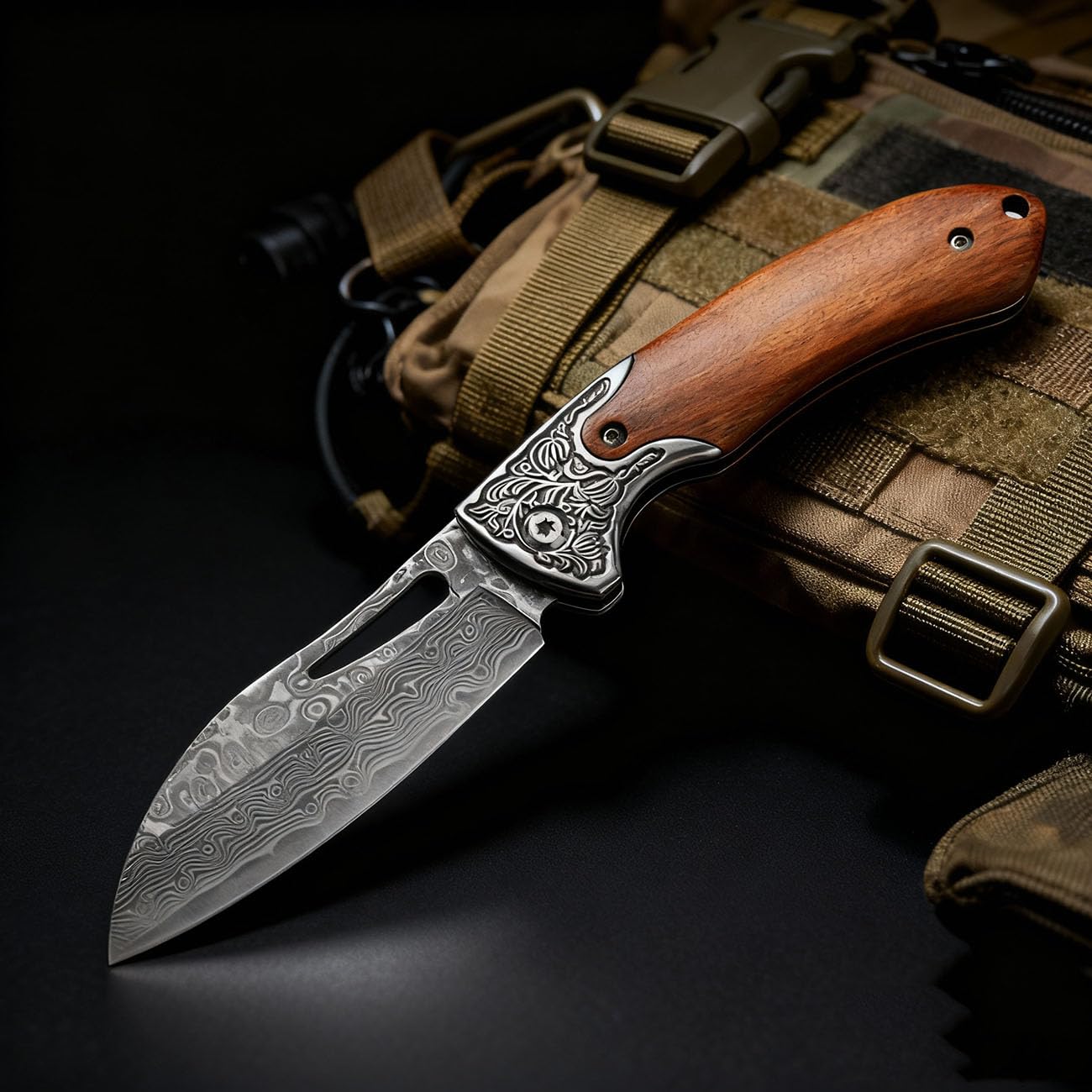 Elegant Damascus Folding Knife - Pocket Utility Knife for Everyday Carry (EDC), Gift for Men, Wood & Steel Design(Wood Handle)