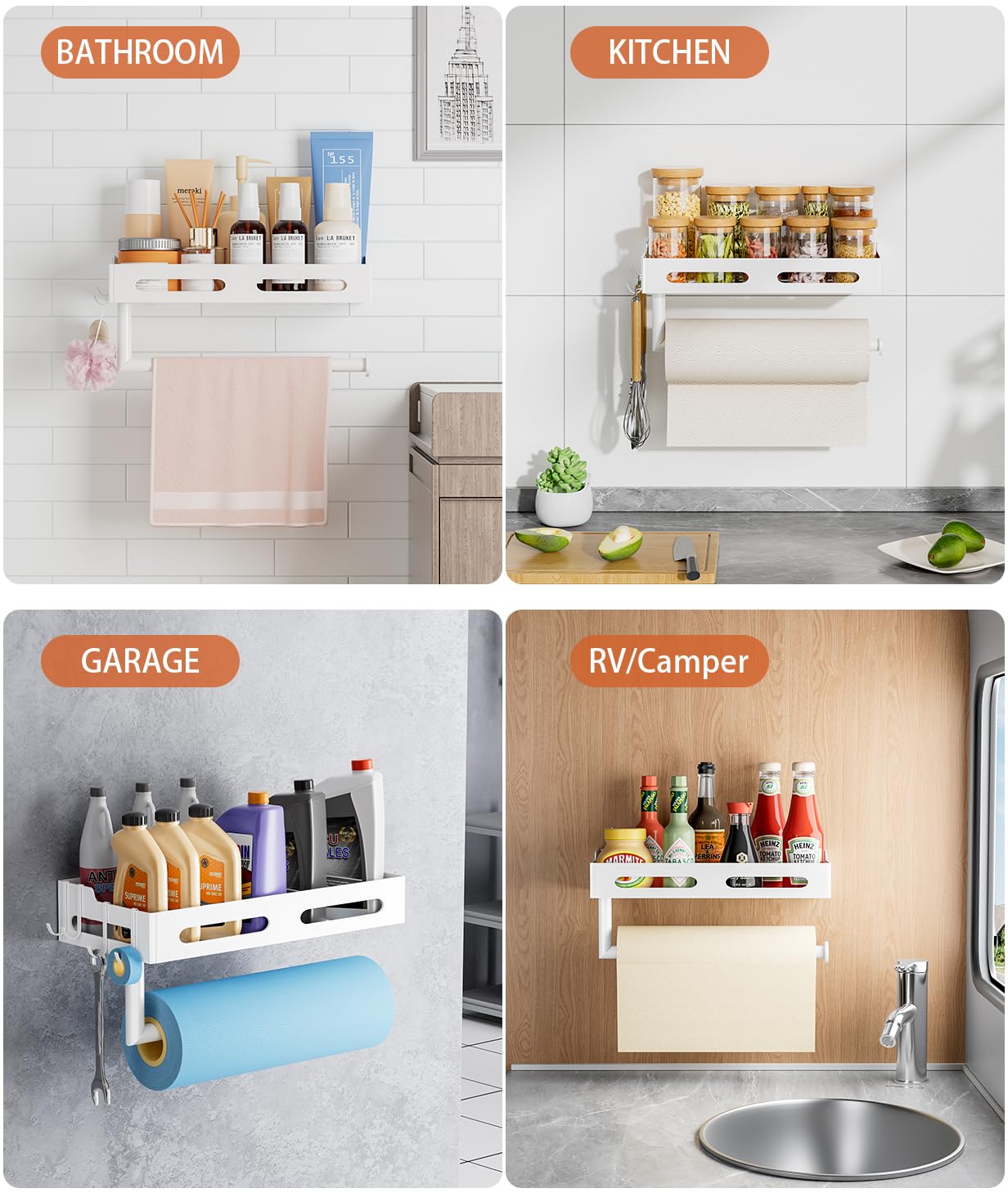 Paper Towel Holder Wall Mount with Shelf, Easy One Hand Tear, Adhesive Glue or Drill Mount Hanging Paper Towel Holder with Shelf for Kitchen/Bathroom/RV, White Metal, 4 Hooks