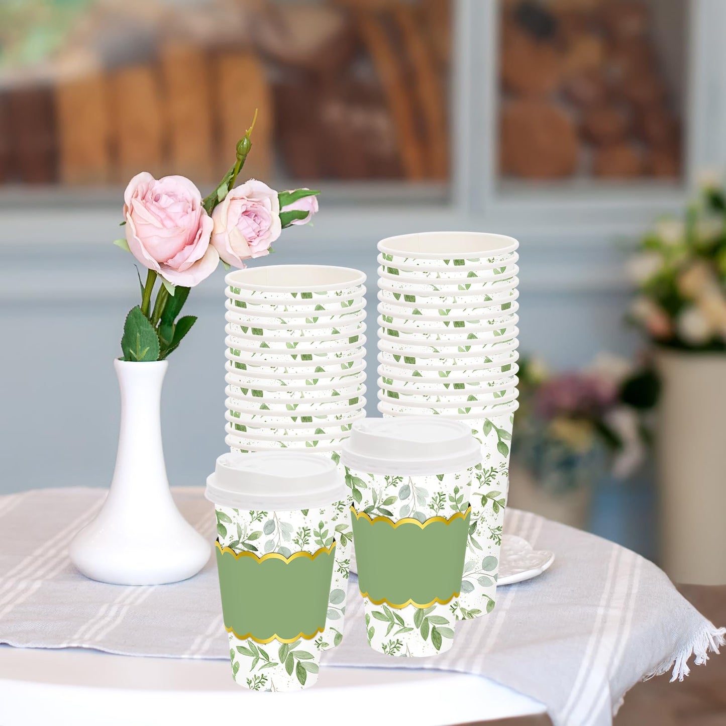 JarThenaAMCS 50 Pcs Greenery Coffee Cups with Lids Sleeves 16 Oz Green Eucalyptus Leaves Paper Cups Disposable To Go Coffee Cup for Wedding Cafes Shops Cappuccino Chocolate Beverage Cocoa