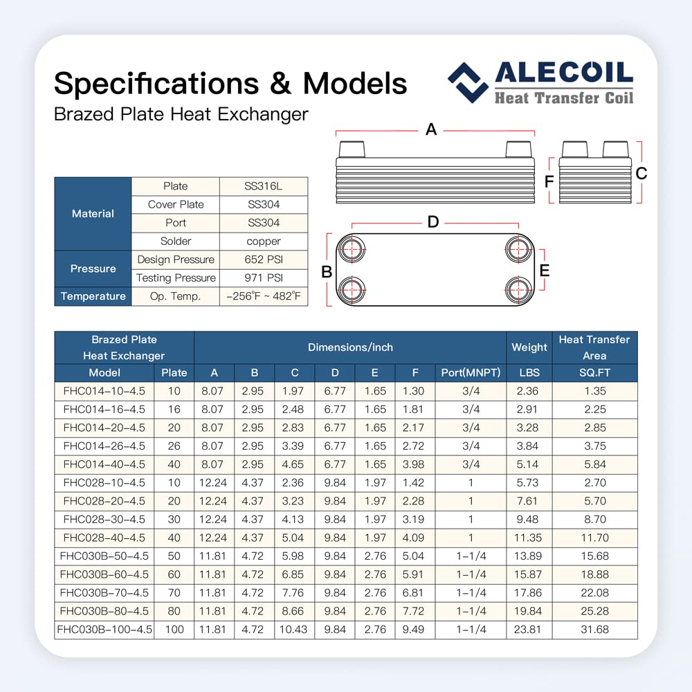 ALECOIL 5"x12"-70 Plates Heat Exchanger with 1-1/4" MPT Port Water to Water 316L Stainless Steel Brazed Plate Heat Exchanger for Water Heating, Floor Heating, Industrial and Commercial Refrigeration