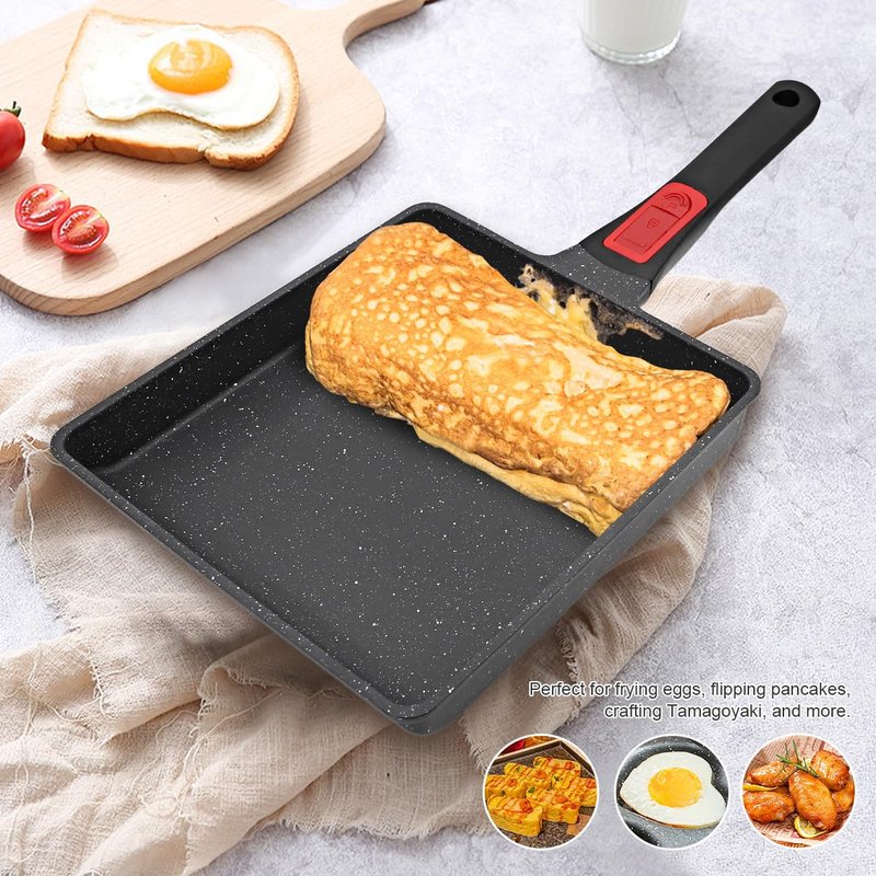 AIKENBBKK Tamagoyaki Japanese Omelette Pan, Japanese Egg Pan, Square Egg Pan Nonstick, Induction-Ready, Detachable Handle, with Silicone Spatula, PFAS & PFOA-Free, Oven Safe, Black, 9" x 8.2"