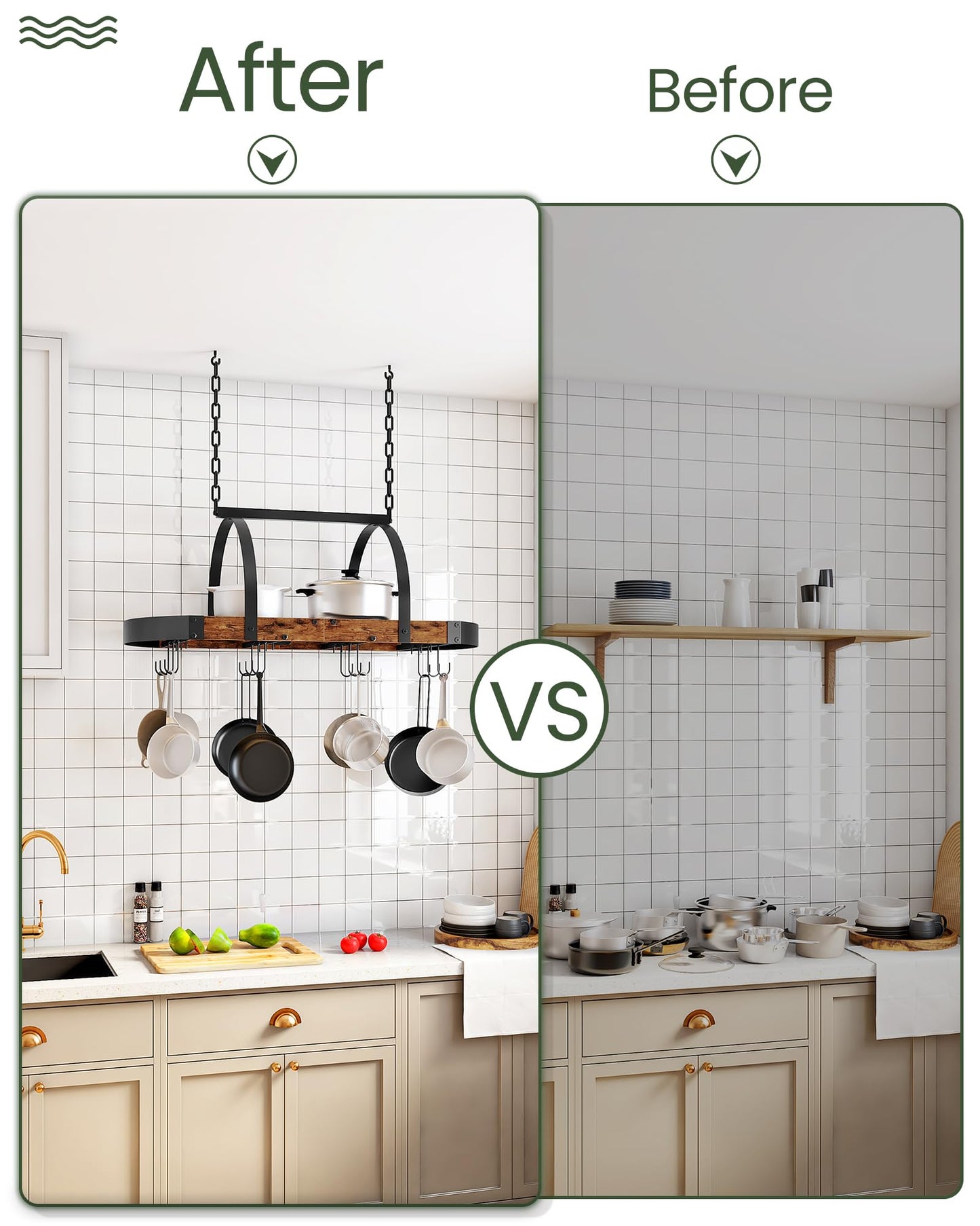 CHOEZON Hanging Pot Rack, Pot Hanger for Kitchen, Ceiling Mounted Pot Holder, Cookware Organizer with 12 S-Shaped Hooks, for Pot, Pan Storage, Space-Saving, Rustic Brown and Black TPR08BFC1