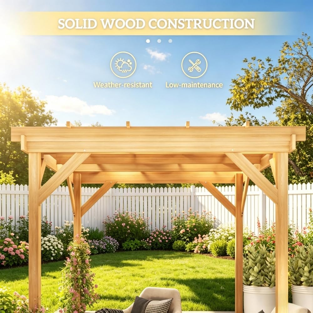 6.5x6.5 FT Outdoor Wood Pergola, Natural Fir Wood Patio Pergola with Reinforced Frame, Open Roof for Climbing Plants, Garden Backyard Deck Shade Structure, Dark Brown