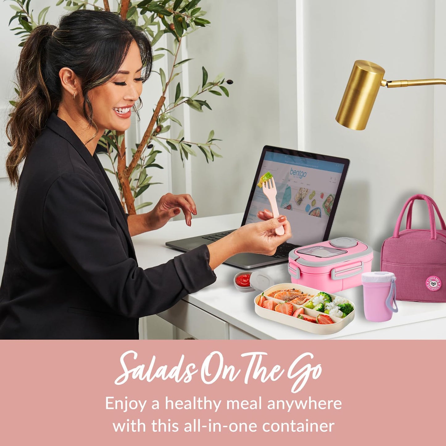 ROMAWARE Lunch Box For Women, Bento Box Adult With 2-Tier Container, Lunch Bag, Sauce Pod, Utensil Set. Lunch Containers, Salad Container. BPA-Free, Microwave/Dishwasher Safe (Pink)
