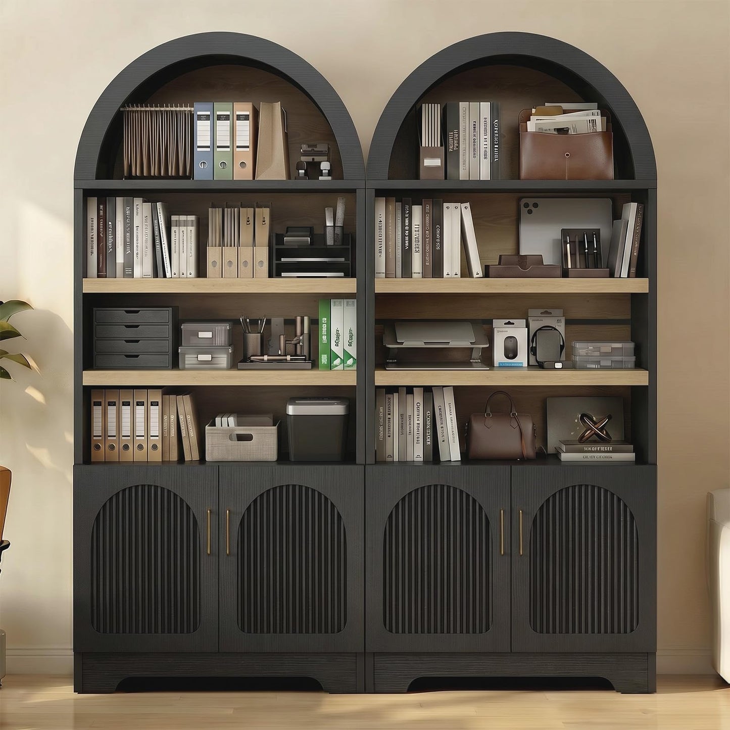 Bestier 71" Tall Arched Kitchen Pantry, Arched Cabinet with Doors, Modern Farmhouse Wood Kitchen Storage Cabinets with 3-Tier Adjustable Shelves for Living Room, Dining Room, Ktichen, Black