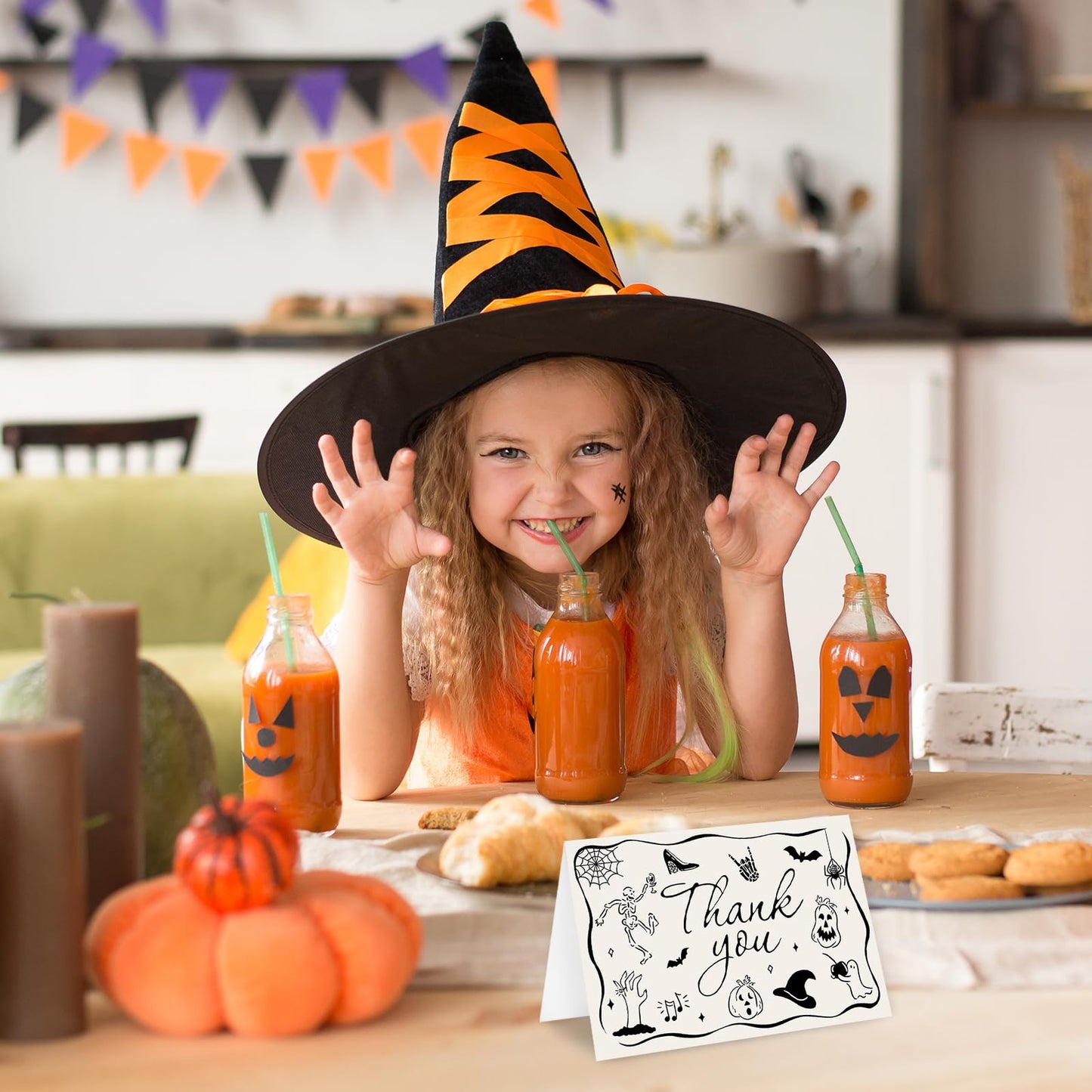 Whaline 24 Pack Halloween Thank You Cards Black Skeleton Pumpkin Ghost Thank You Greeting Note Card with Envelope Sticker for Birthday