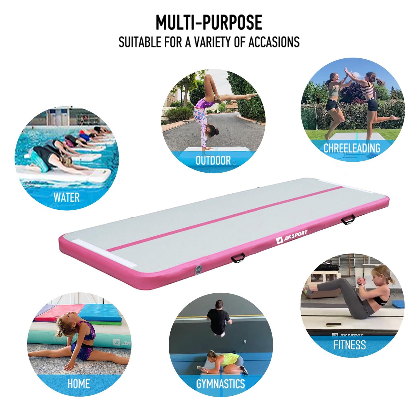 AKSPORT Air Mat Tumble Track Gymnastics Tumbling Mat Inflatable Mats With Electric Air Pump for Home Use/Tumble/Gym/Training/Cheerleading/Parkour/Beach/Park/Water 3.3/10/13.12/16.4/20/23-39ft (pink, 13.12)