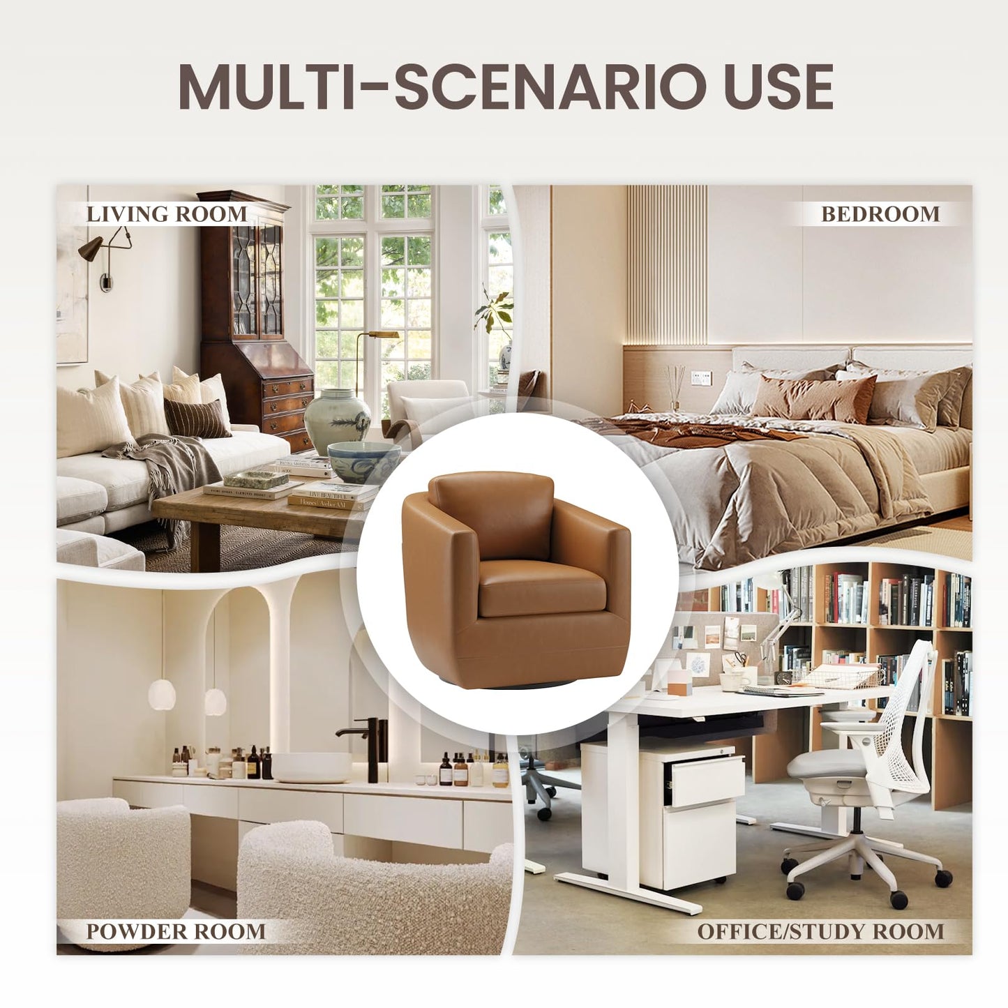 COLAMY 360° Swivel Accent Chair with Pillow, Leather Living Room Armchair No-Sag Foam & Sturdy Metal Base, Fully Assembled Swivel Accent Single Sofa for Bedroom Living Room, Reading Room, Brown