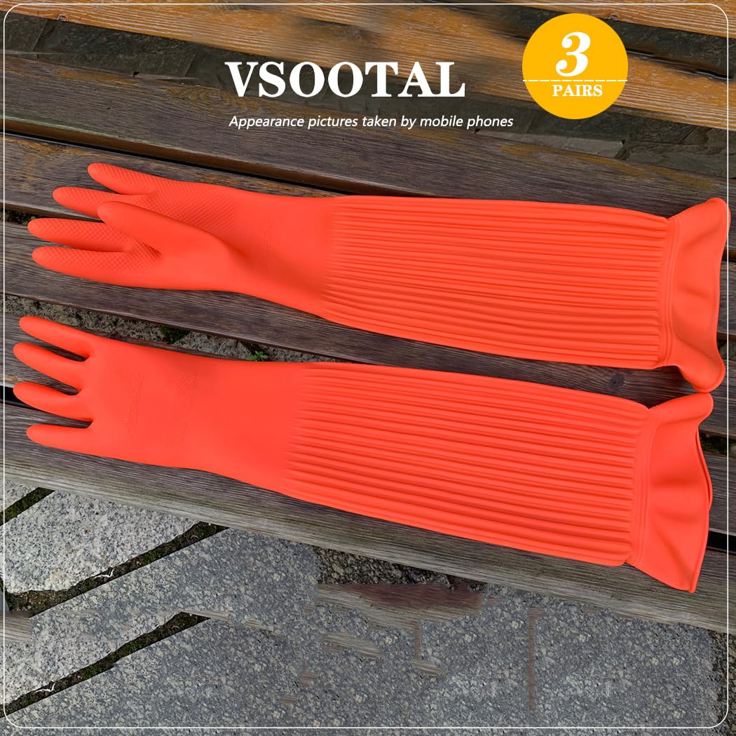 Vsootal 3 Pairs Household Extra Long Kitchen Gloves for Washing Dishes,20.05inches Rubber Cleaning Gloves,Reusable Latex Living Wash Gloves,Long Sleeves(Large, Red)