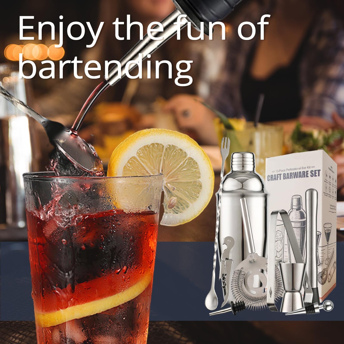 Primero Basics 13-Piece Bartender Kit Bar Tool Set – Boston Cocktail Shaker Set with Muddler,Strainer,Jigger,Spoon–Home Bar Accessories and Drink Mixer Gift for Bartesian,Housewarming, Bar Cart Decor