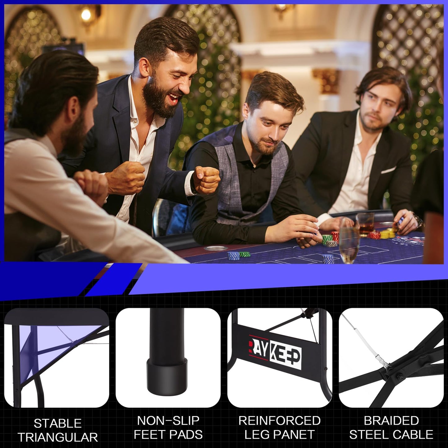 RAYKEEP 86" Large Foldable Poker Table, 10-Player Casino-Style Texas Holdem & Blackjack Game Table with Cup Holders, Padded Rails for Home Game Room, Family Nights, and Parties (Black)