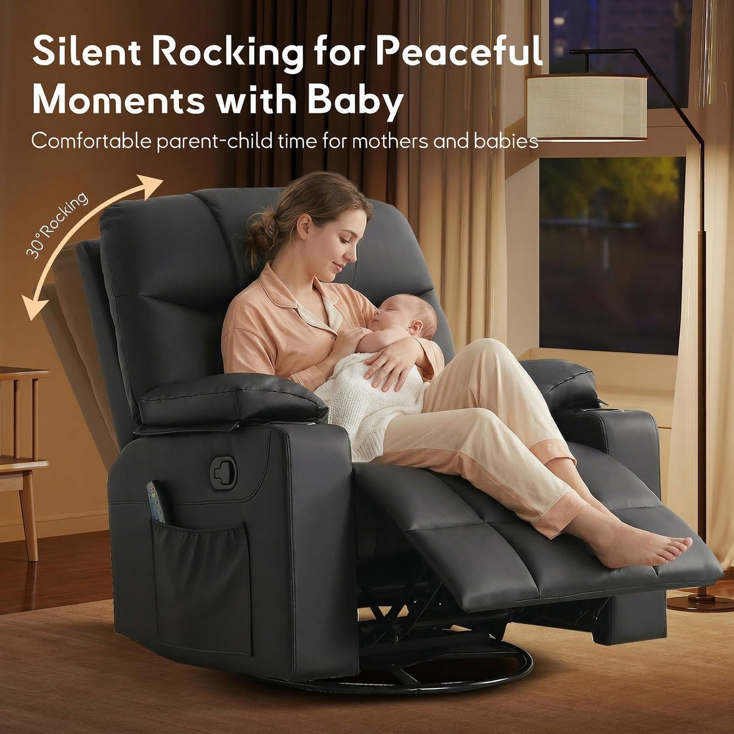 Bonzy Home Oversized Swivel Rocker Recliner, 40" Rocking Recliner Chair with Heated and Massage, PU Leather Single Sofa with Swivel Function, 2 Cup Holders for Living Room Bedroom, Black