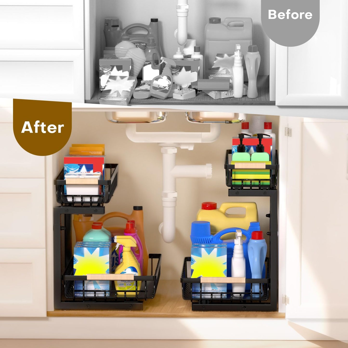 ZELOREA Under Sink Organizer, Heavy-Duty & Rust-Resistant Carbon Steel Metal, 2 Tier Pull Out Under Bathroom Sink Storage, Adjustable Height (13.8" -16.9"), Organizer for Kitchen Cabinet(2PCS,Black)
