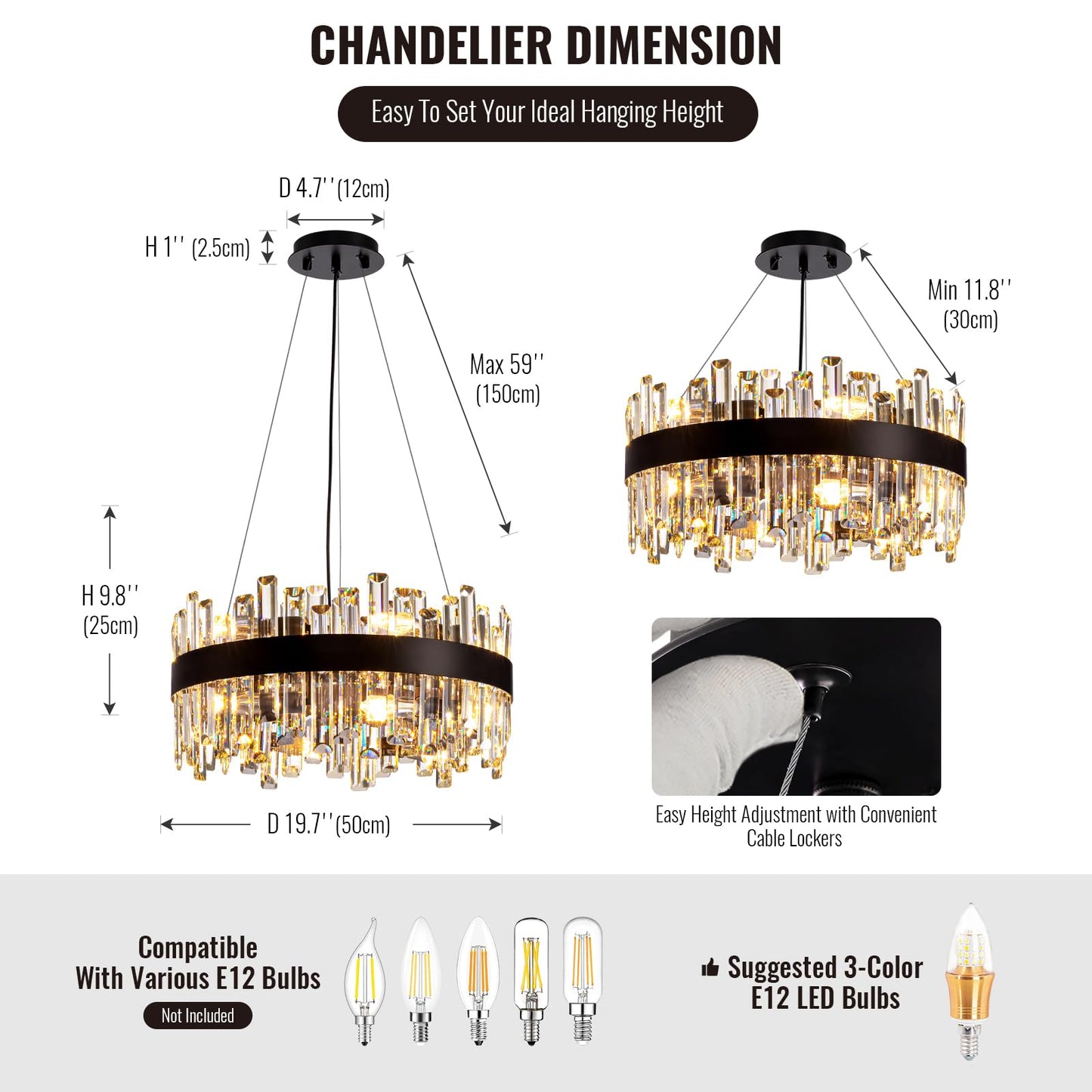 Siljoy Black Crystal Chandelier for Dining Room, Modern 2-Tiers K9 Crystal Raindrop Chandelier 12 Lights Farmhouse Pendant Ceiling Light for Living Room Kitchen Island Entry Foyer D19.7''