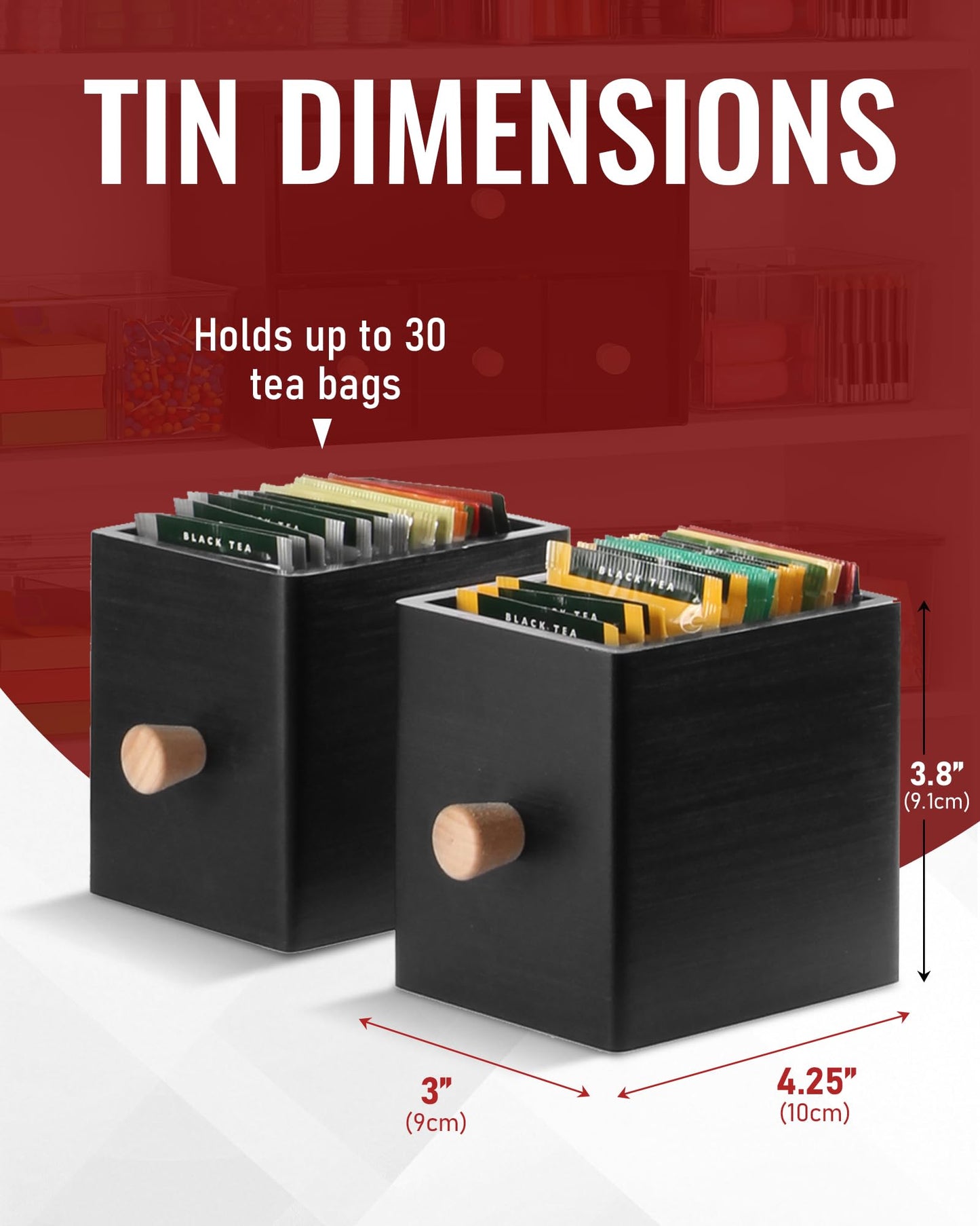 Tea Drawer Organizer for Tea Bags and Coffee Bar Supplies Black Wooden Tea Box with 4 Pull Out Drawers for Countertop Pantry Breakroom and Kitchen Tea Station