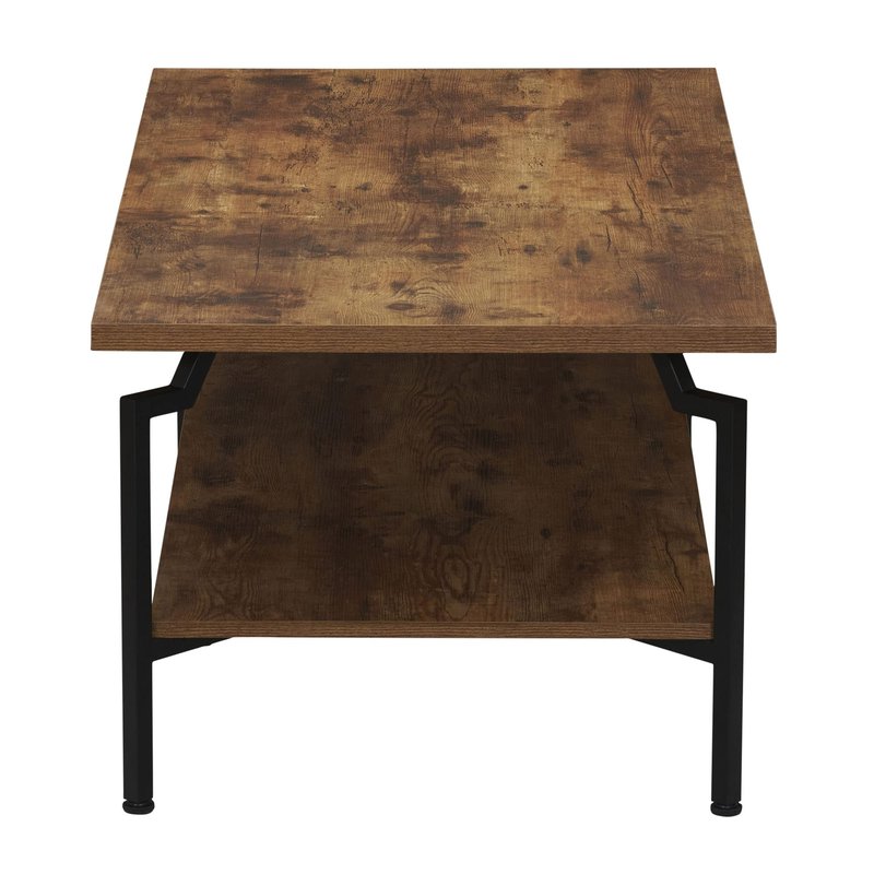 Household Essentials Crown Rectangular Coffee Table with Storage Shelf Rustic Hickory Wood Grain and Black Metal