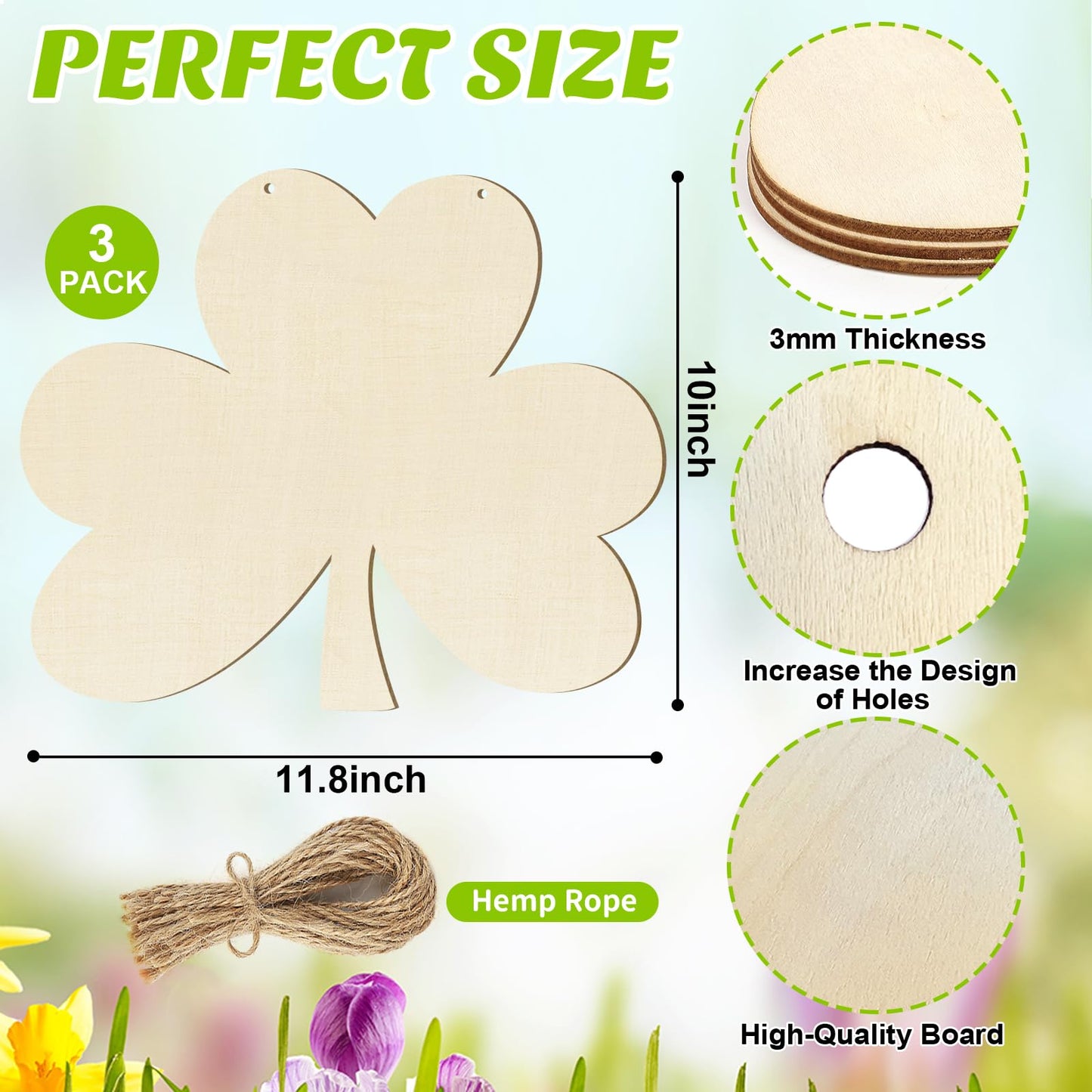 Large Size 12" Wooden Shamrock Ornaments to Paint, St. Patrick's Day Decoration Cutouts Wooden DIY Blank Unfinished Shamrock Irish Door Hanging Sign Plaque Crafts Hanging Decorations 3PCS