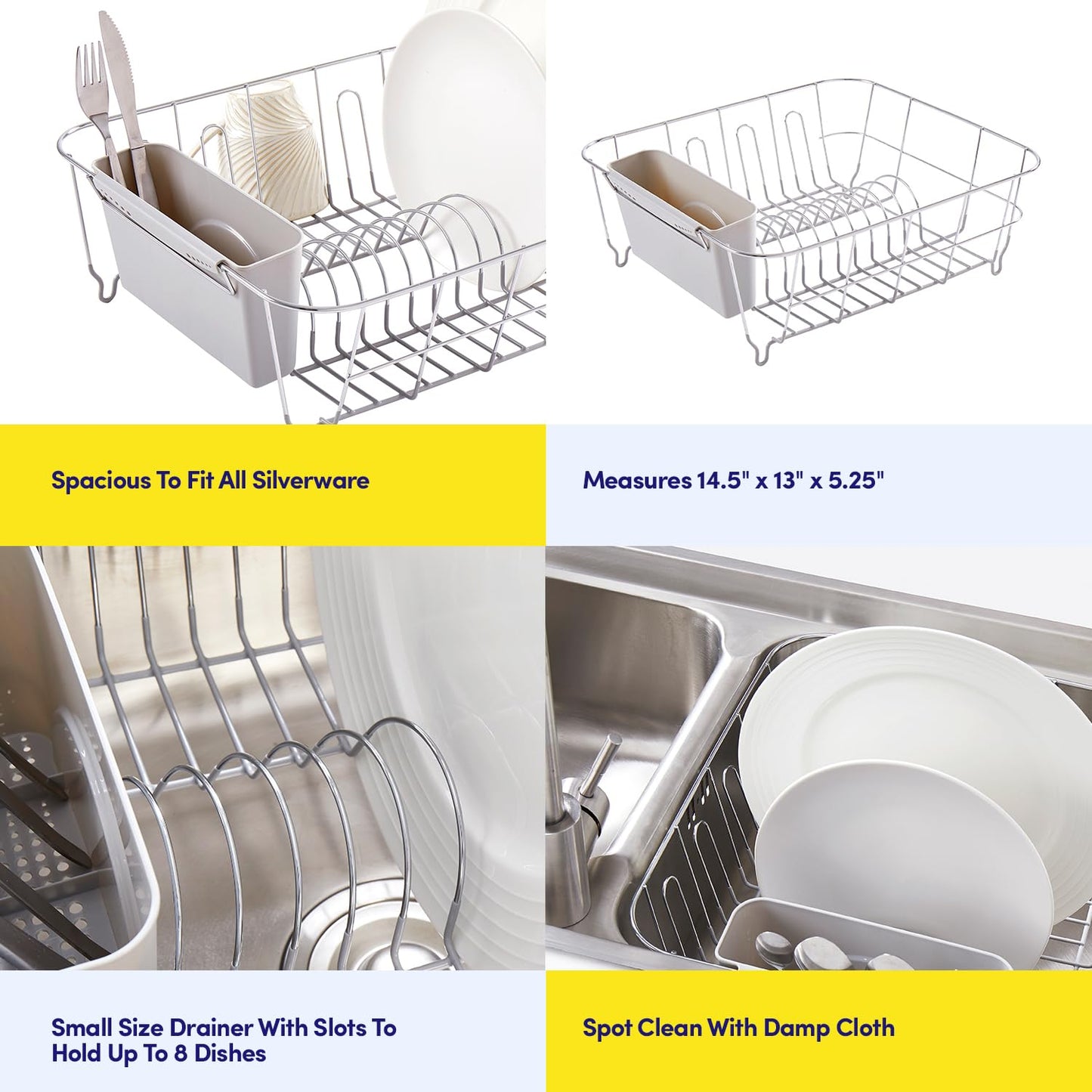 Dish Drying Rack & Cutlery Holder 2 Piece Set - Compact Sink-Fitting Dish Drainer with Rubberized Undercoating, Space-Saving Kitchen Organizer for Plates, Cups, Bowls & Utensils in Sink, Silver