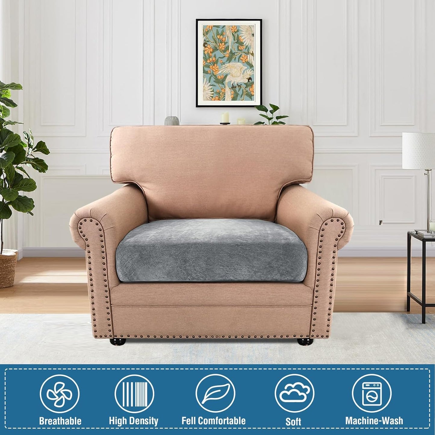 H.VERSAILTEX Sofa Cushion Covers Stretch Mixed-Color Chenille Chair Covers Armchair Chair Covers for Living Room Non Slip Chair Slipcover Elastic Bottom(1 Seater Armchair Cushion Cover,Bluish Grey)