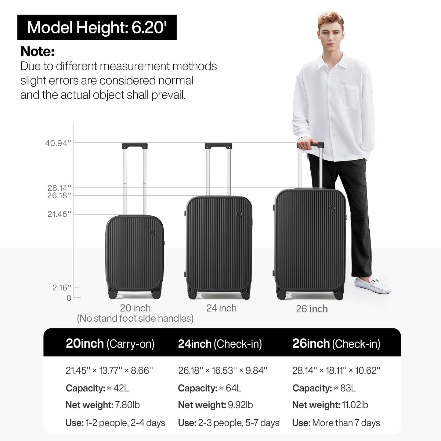 mixi Checked Luggage with Cup Phone Holder Hard Shell Rolling Travel Suitcases with Spinner Wheels,26 Inch Black
