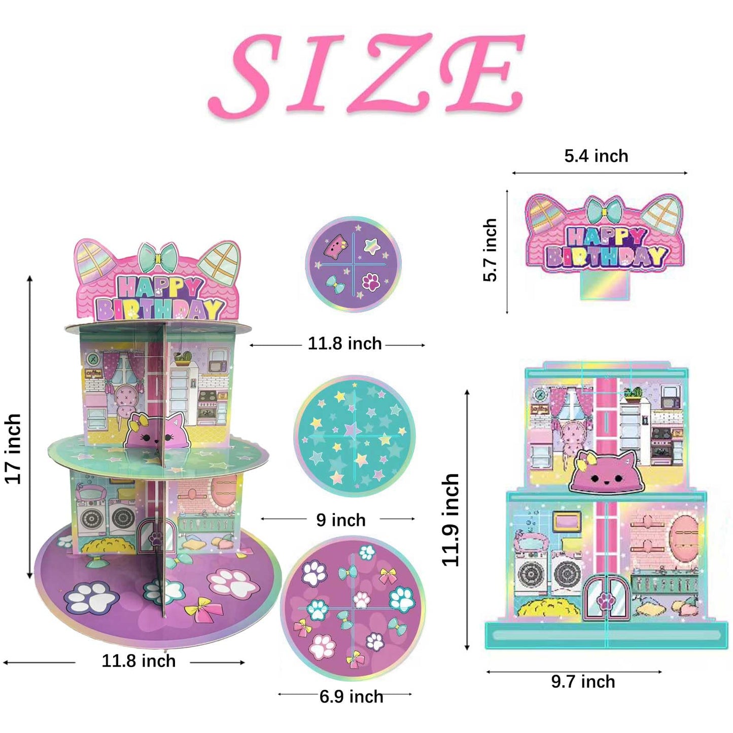 Cartoon Cat Dollhouse Cupcake Stand 3-Tier Pink Cake Stand for 24 Cupcakes Dollhouse Theme Birthday Supplies Pink Cute Cat Birthday Decorations for Girls
